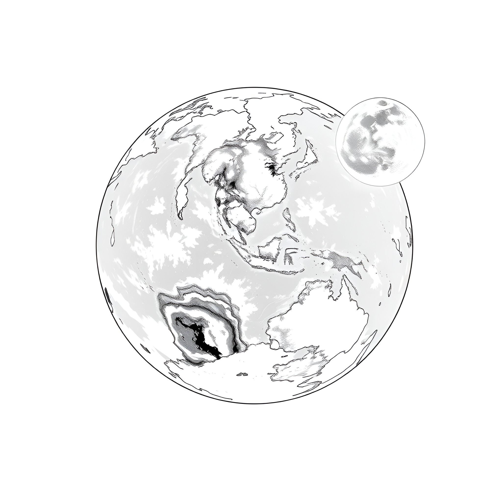 Earth's continents and geography outlined Coloring Page (free black-and-white line drawing printable PDF for all, from beginners to advanced learners, including children, teens, adults, and seniors)