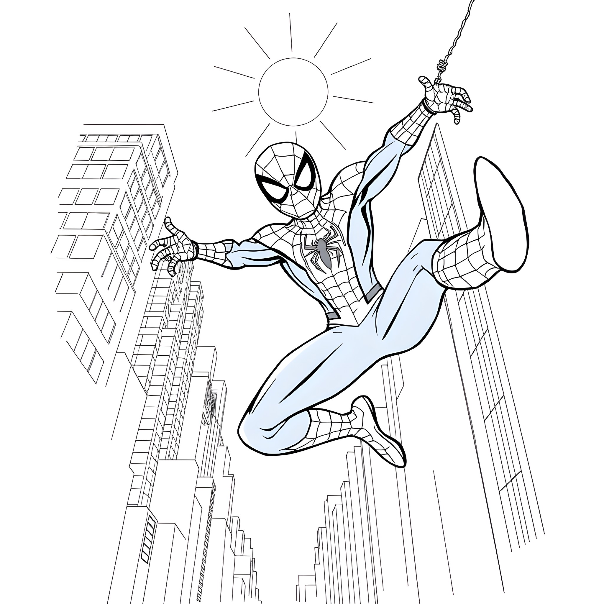 Bluey's Spider-Sense Tingling in the City Coloring Page (free black-and-white line drawing printable PDF for all, from beginners to advanced learners, including children, teens, adults, and seniors)