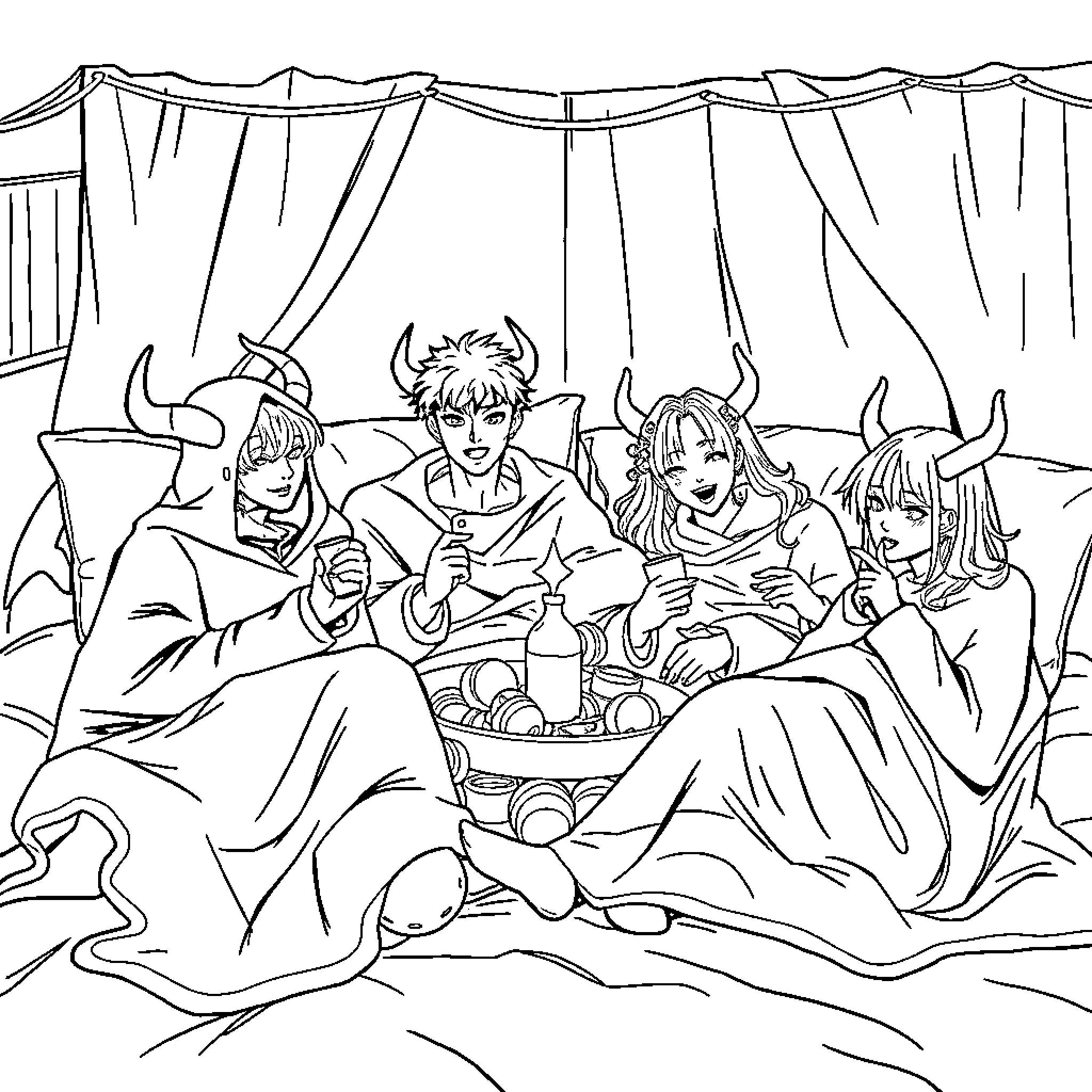 Demon Hunters gather for a cozy camp meeting Coloring Page (free black-and-white line drawing printable PDF for all, from beginners to advanced learners, including children, teens, adults, and seniors)