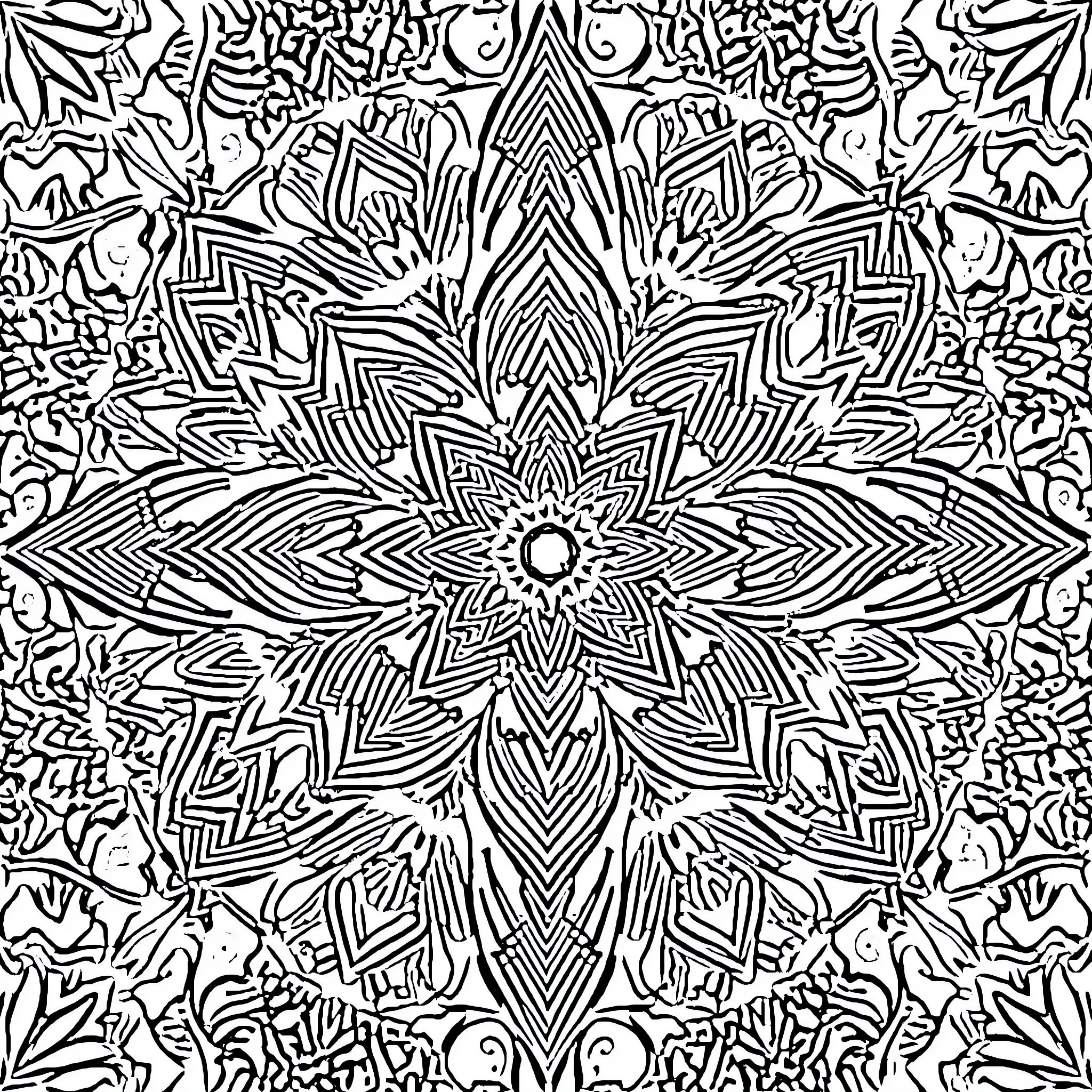 Hippie-inspired psychedelic mandala design Coloring Page (free black-and-white line drawing printable PDF for all, from beginners to advanced learners, including children, teens, adults, and seniors)