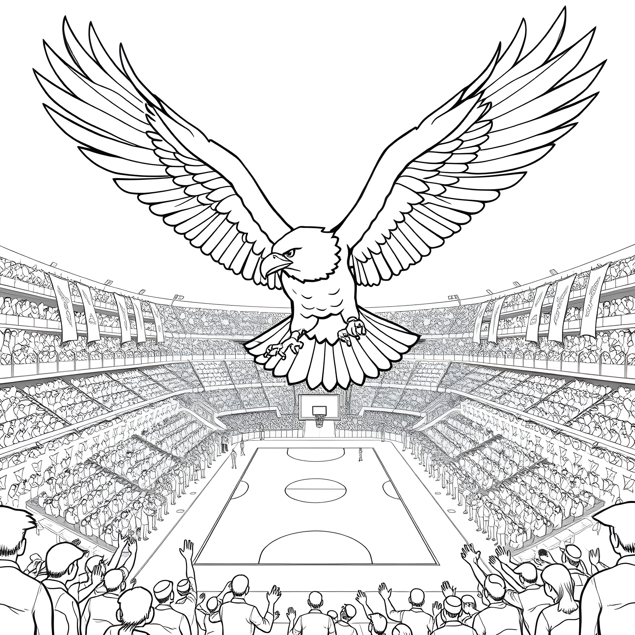 Eagle soaring victoriously over sports stadium Coloring Page (free black-and-white line drawing printable PDF for all, from beginners to advanced learners, including children, teens, adults, and seniors)