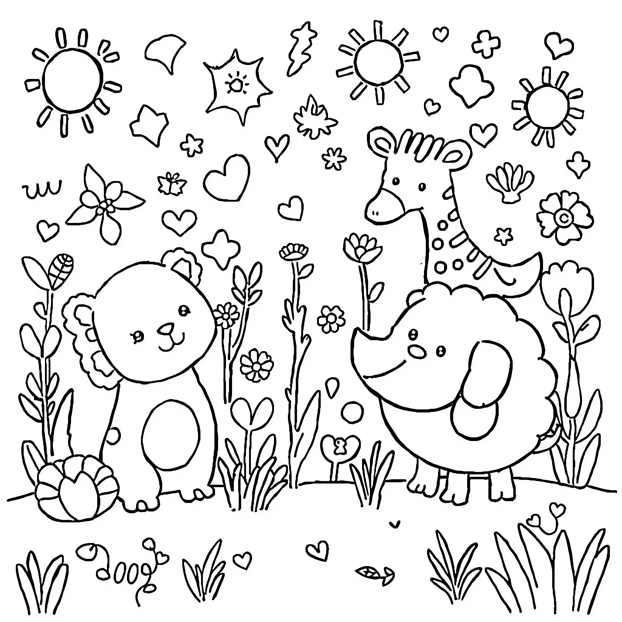 Kid's Playful Animal Friends in Nature Coloring Page (free black-and-white line drawing printable PDF for all, from beginners to advanced learners, including children, teens, adults, and seniors)