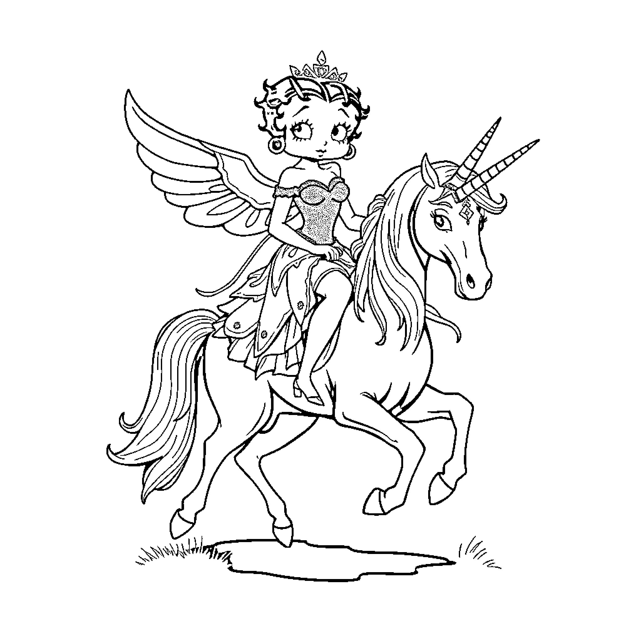 Betty Boop riding a magical unicorn Coloring Page (free black-and-white line drawing printable PDF for all, from beginners to advanced learners, including children, teens, adults, and seniors)