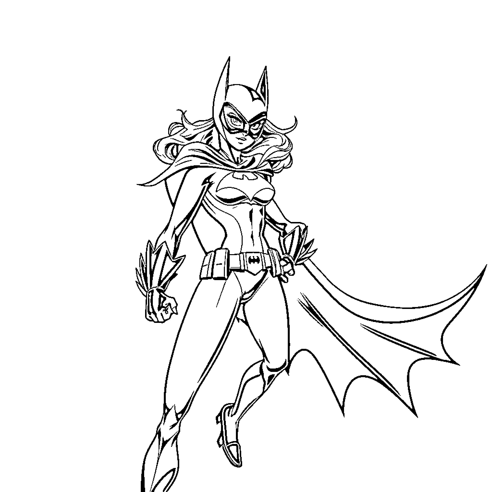 Batgirl in heroic action pose Coloring Page (free black-and-white line drawing printable PDF for all, from beginners to advanced learners, including children, teens, adults, and seniors)