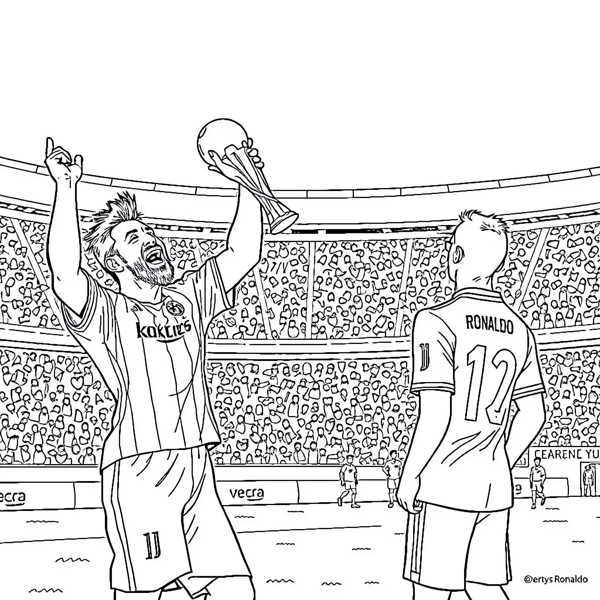 Lionel Messi and Cristiano Ronaldo celebrating football victory Coloring Page (free black-and-white line drawing printable PDF for all, from beginners to advanced learners, including children, teens, adults, and seniors)