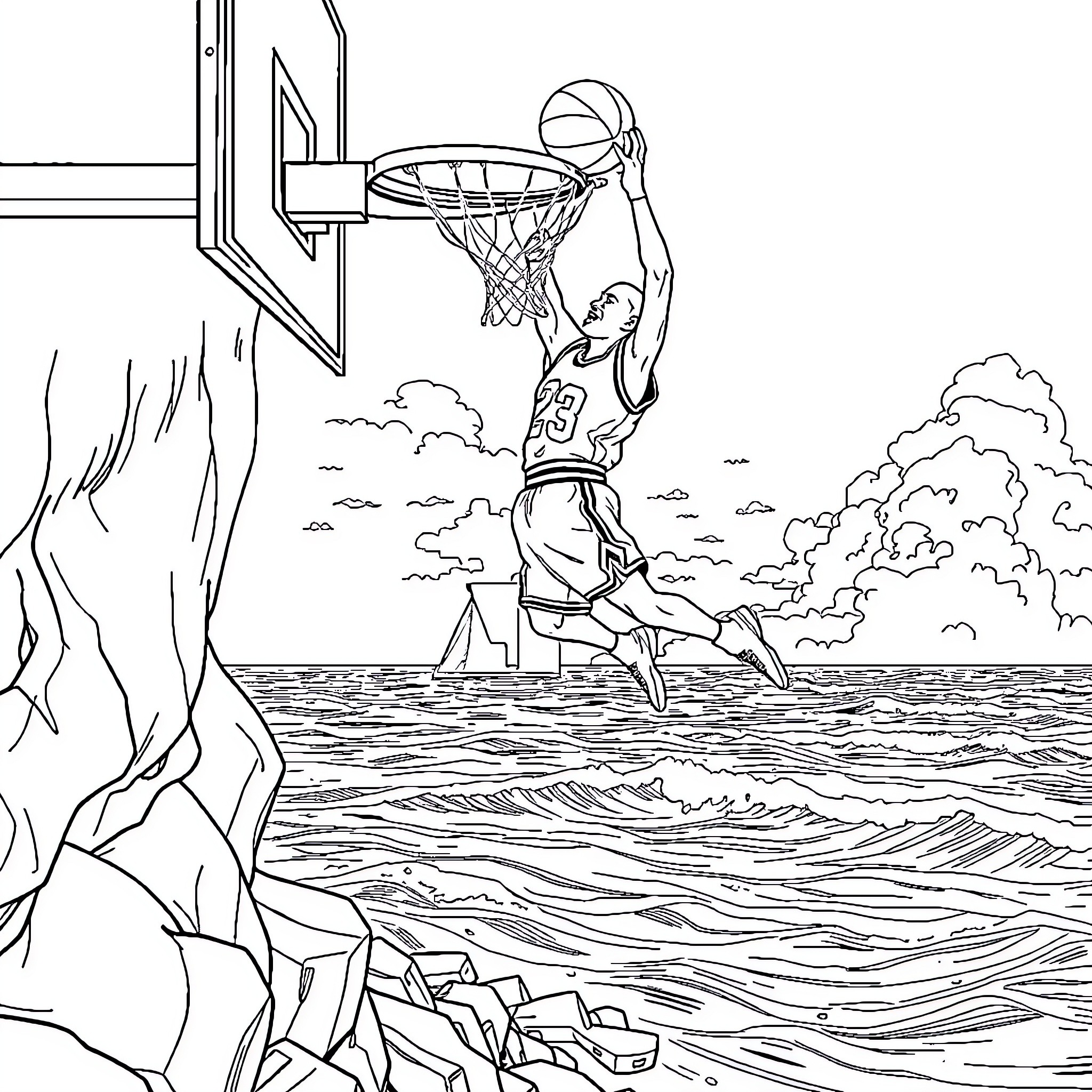 Michael Jordan slam dunking on the ocean Coloring Page (free black-and-white line drawing printable PDF for all, from beginners to advanced learners, including children, teens, adults, and seniors)