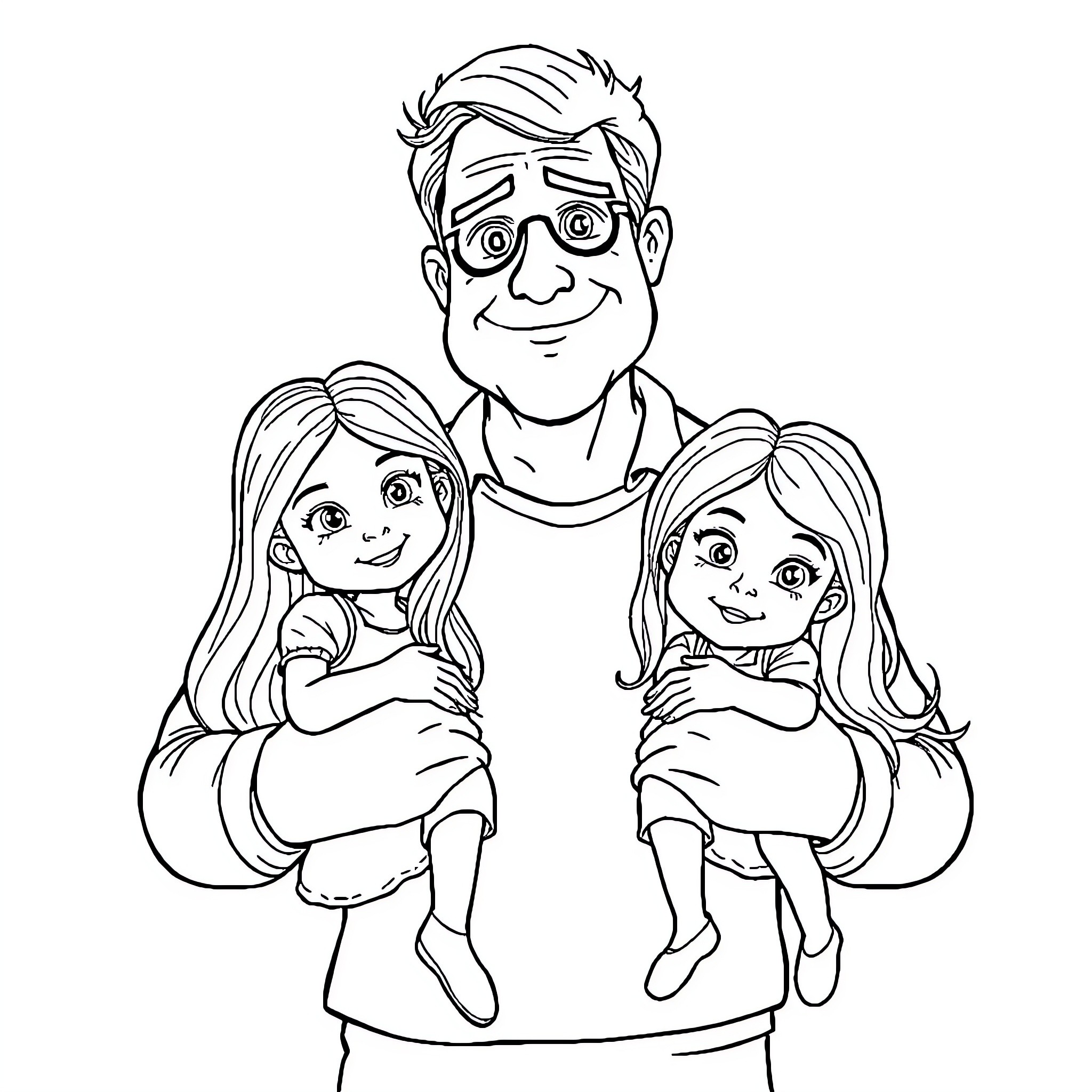 Papa spending time with his two young daughters Coloring Page (free black-and-white line drawing printable PDF for all, from beginners to advanced learners, including children, teens, adults, and seniors)