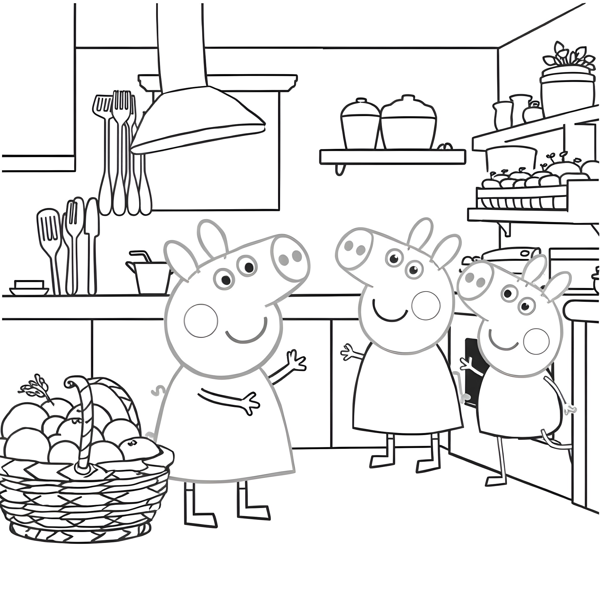 Peppa Pig and family in the kitchen Coloring Page (free black-and-white line drawing printable PDF for all, from beginners to advanced learners, including children, teens, adults, and seniors)