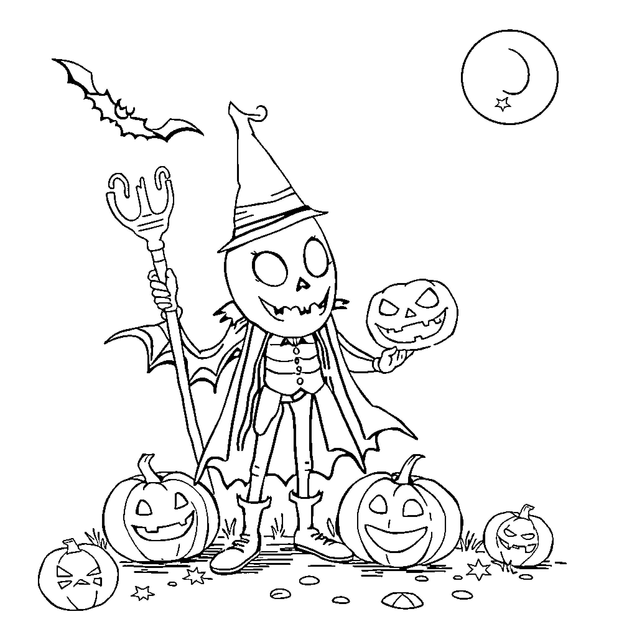 Crab costume Halloween scene with pumpkins Coloring Page (free black-and-white line drawing printable PDF for all, from beginners to advanced learners, including children, teens, adults, and seniors)