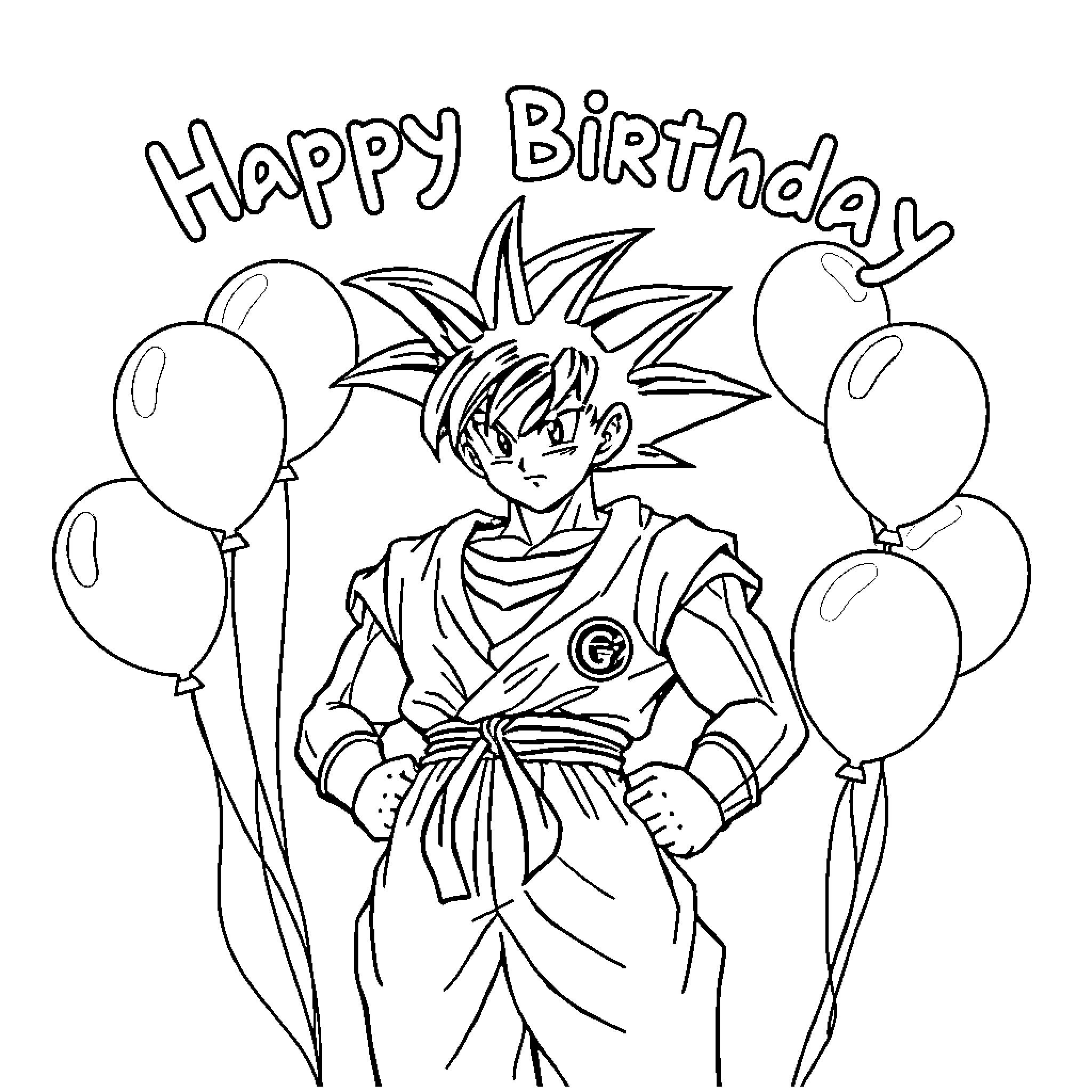 Goku celebrates his birthday with balloons Coloring Page (free black-and-white line drawing printable PDF for all, from beginners to advanced learners, including children, teens, adults, and seniors)