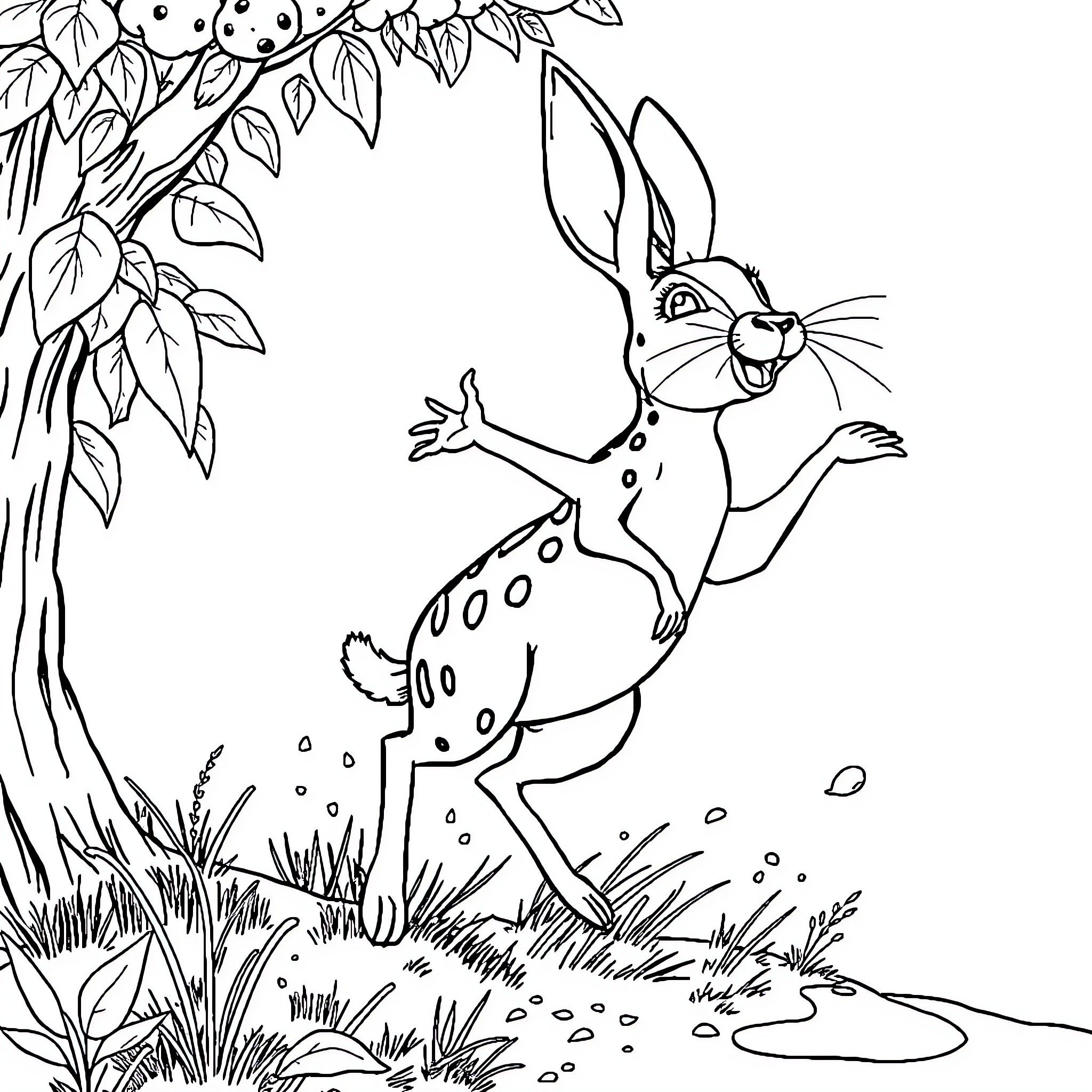 Frog Rabbit Hopping in the Wild Coloring Page (free black-and-white line drawing printable PDF for all, from beginners to advanced learners, including children, teens, adults, and seniors)