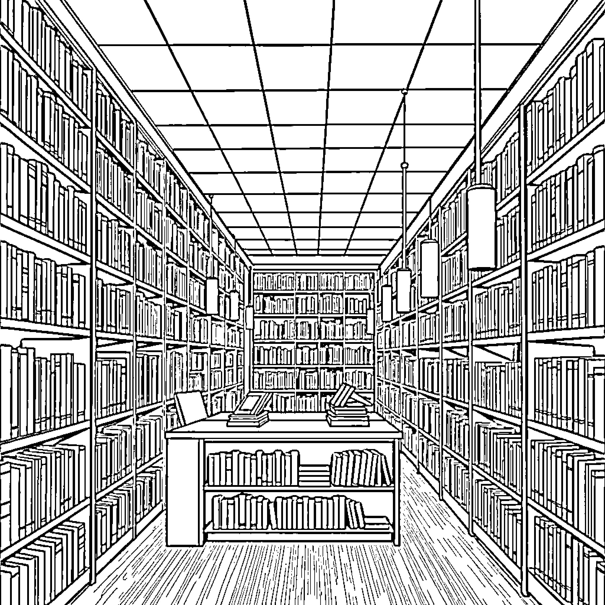 Library interior with rows of bookshelves Coloring Page (free black-and-white line drawing printable PDF for all, from beginners to advanced learners, including children, teens, adults, and seniors)