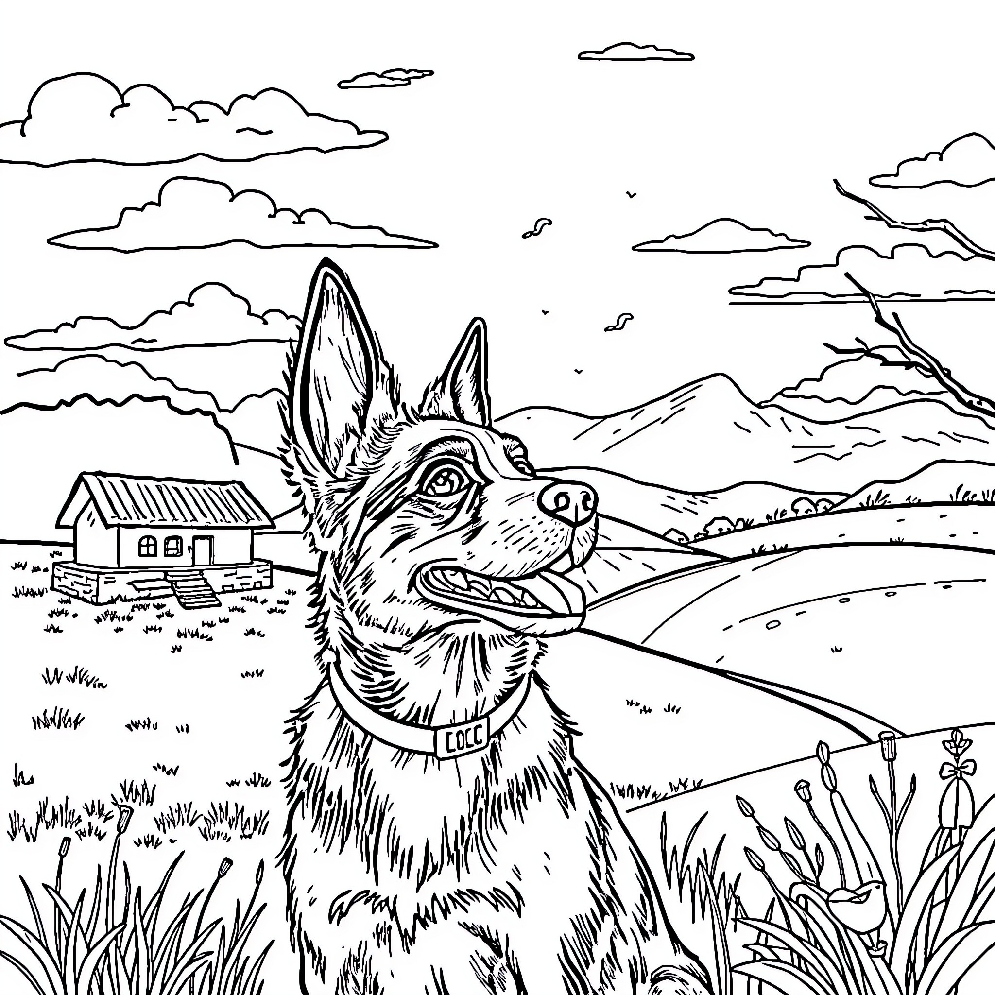 Perro observing the serene countryside landscape Coloring Page (free black-and-white line drawing printable PDF for all, from beginners to advanced learners, including children, teens, adults, and seniors)