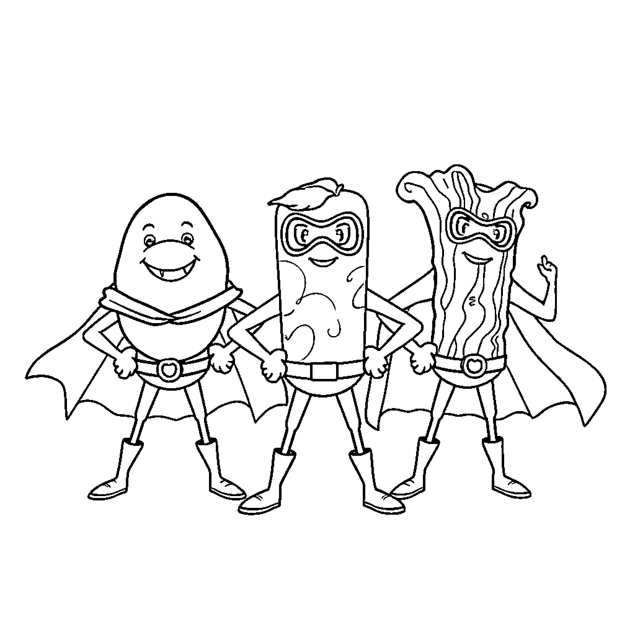 Omelette superheroes in action poses Coloring Page (free black-and-white line drawing printable PDF for all, from beginners to advanced learners, including children, teens, adults, and seniors)