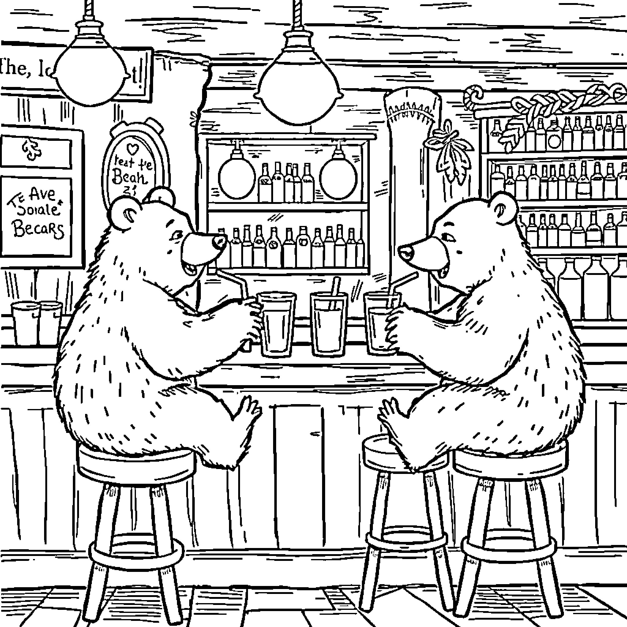 Bear friends enjoying drinks at a lively bar Coloring Page (free black-and-white line drawing printable PDF for all, from beginners to advanced learners, including children, teens, adults, and seniors)