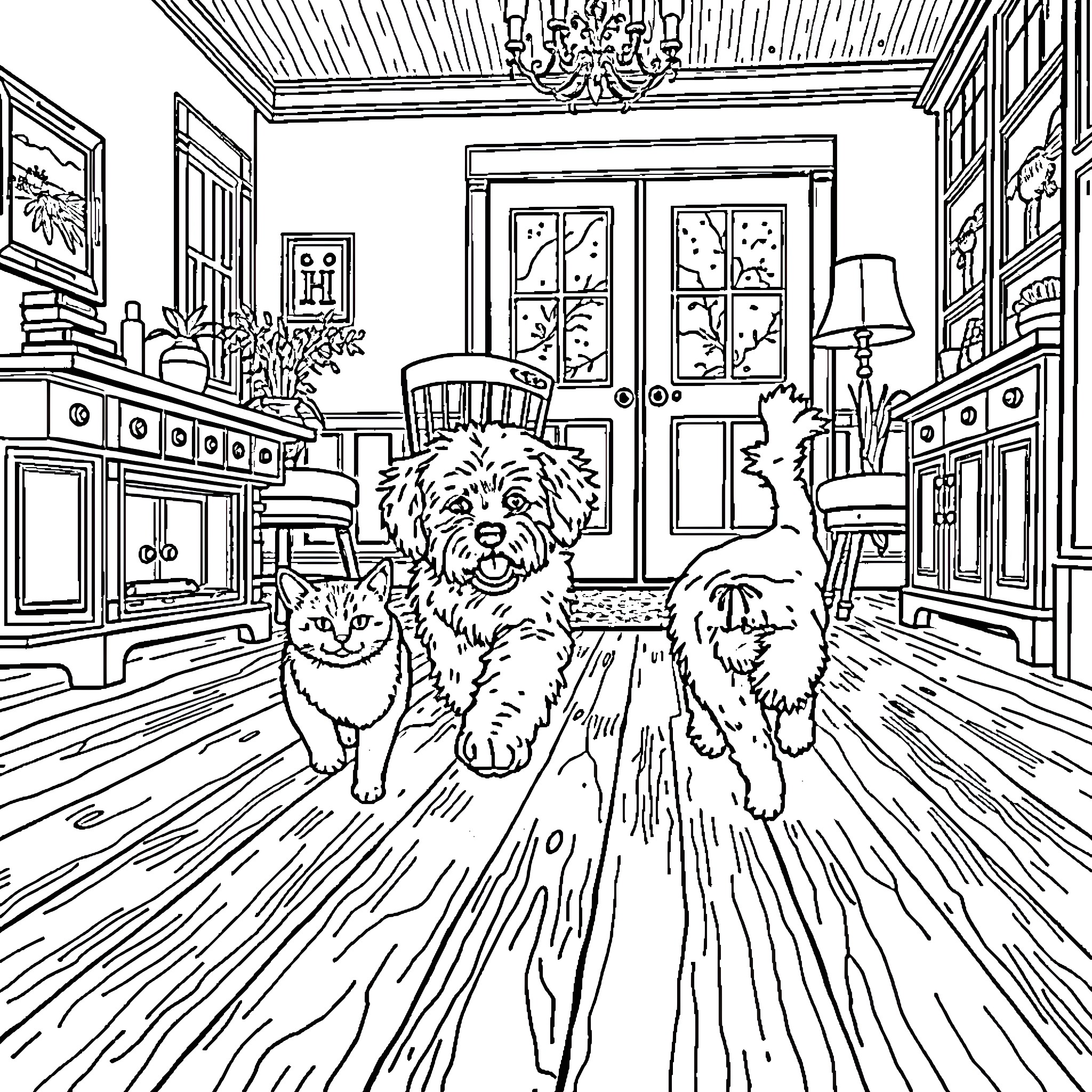 Labradoodle Companions Exploring Cozy Home Interior Coloring Page (free black-and-white line drawing printable PDF for all, from beginners to advanced learners, including children, teens, adults, and seniors)