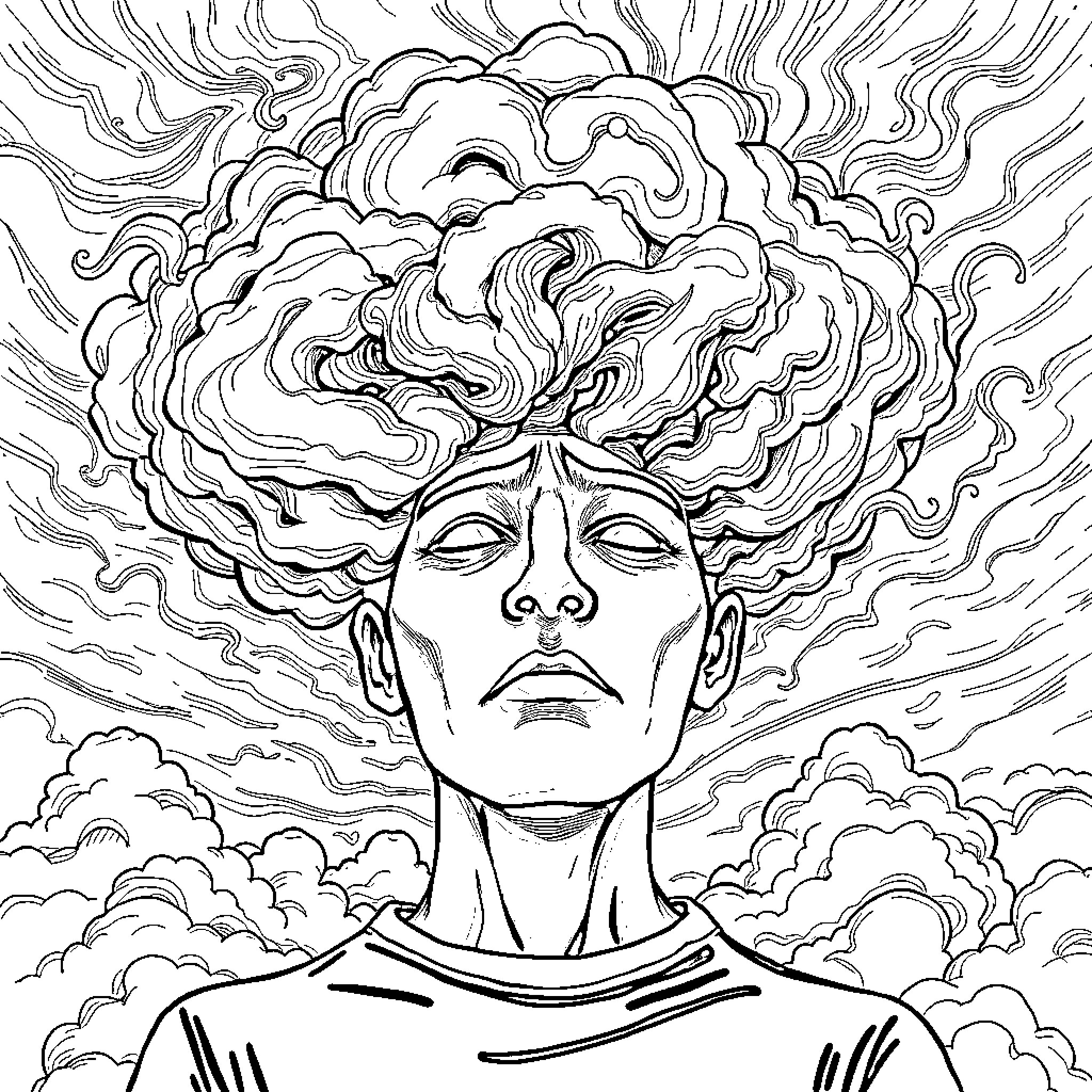 Anxiety in the Clouds: A Turbulent Mind Coloring Page (free black-and-white line drawing printable PDF for all, from beginners to advanced learners, including children, teens, adults, and seniors)