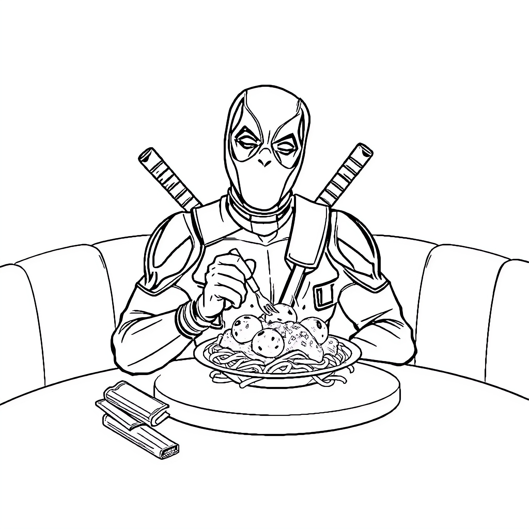 Deadpool enjoying a hearty meal Coloring Page (free black-and-white line drawing printable PDF for all, from beginners to advanced learners, including children, teens, adults, and seniors)