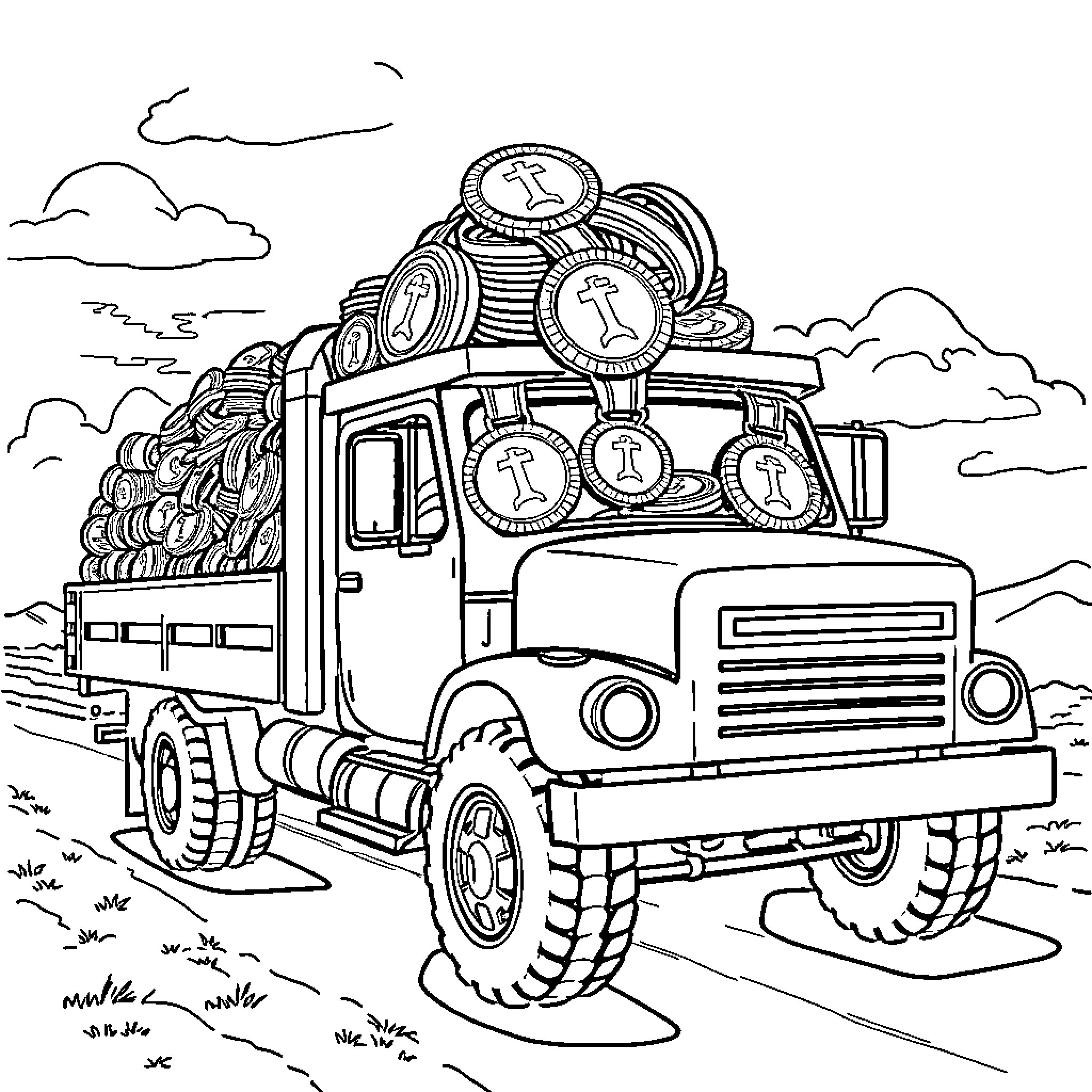 Truck carrying a load of barrels on the road Coloring Page (free black-and-white line drawing printable PDF for all, from beginners to advanced learners, including children, teens, adults, and seniors)