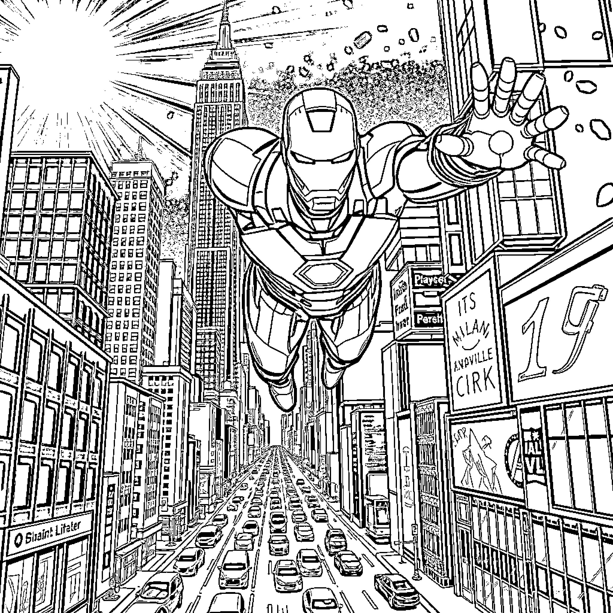 Ironman soaring over a bustling city skyline Coloring Page (free black-and-white line drawing printable PDF for all, from beginners to advanced learners, including children, teens, adults, and seniors)