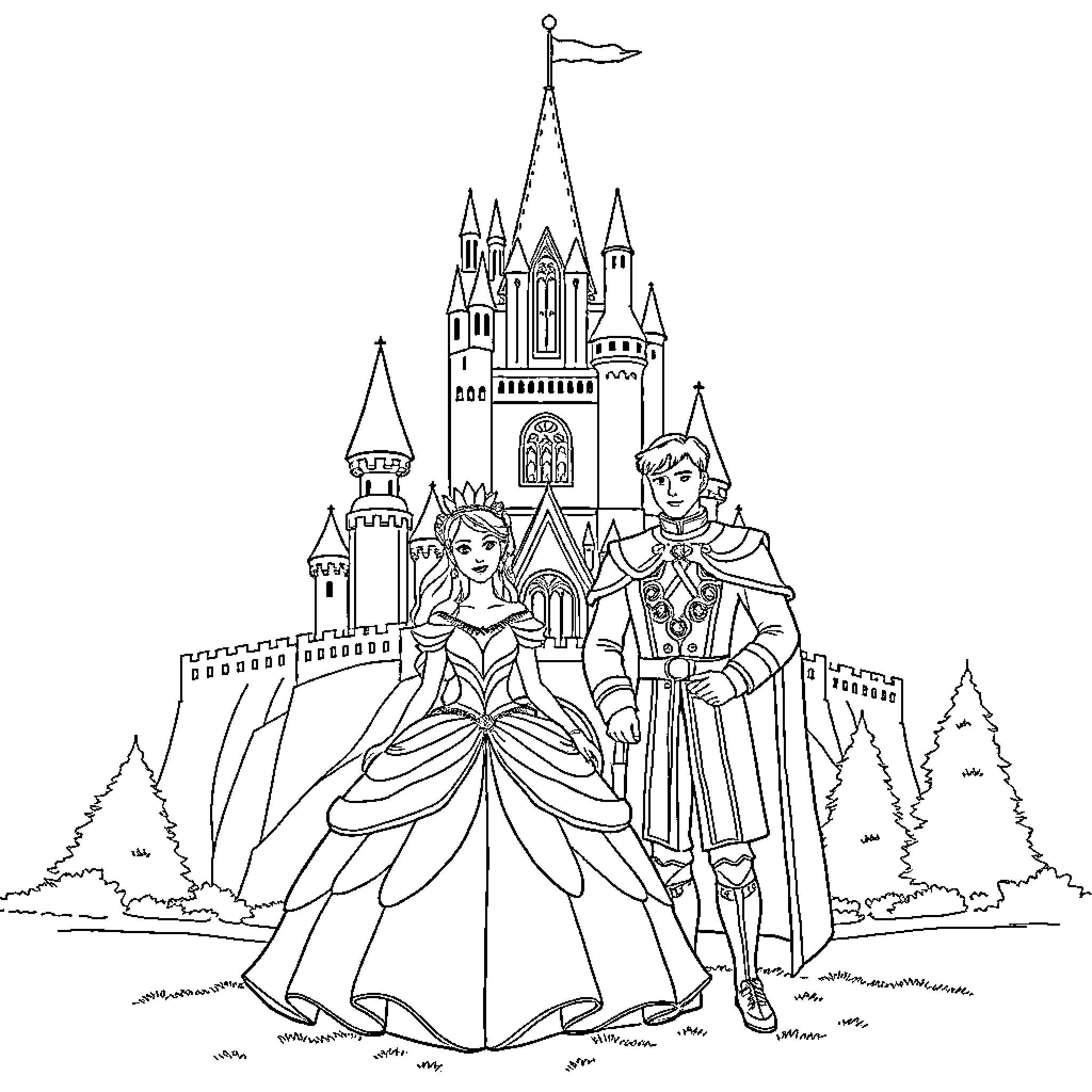 Princess and Prince in Front of Castle Coloring Page (free black-and-white line drawing printable PDF for all, from beginners to advanced learners, including children, teens, adults, and seniors)