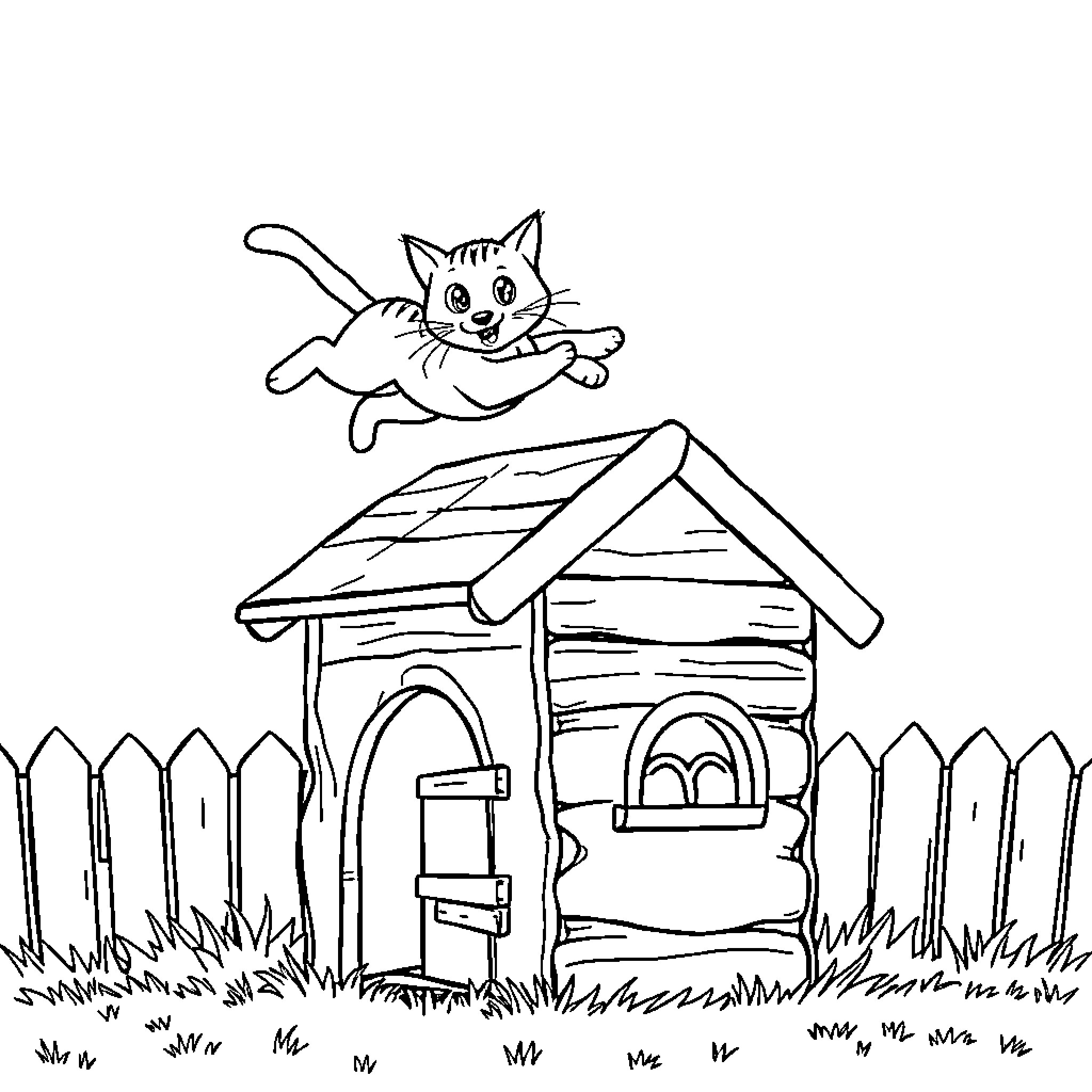 Cat jumping playfully near a house Coloring Page (free black-and-white line drawing printable PDF for all, from beginners to advanced learners, including children, teens, adults, and seniors)