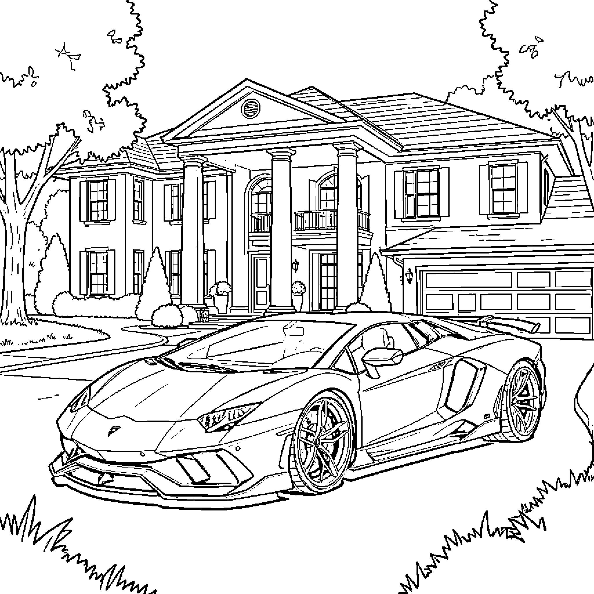 Aventador speeding past luxurious estate Coloring Page (free black-and-white line drawing printable PDF for all, from beginners to advanced learners, including children, teens, adults, and seniors)