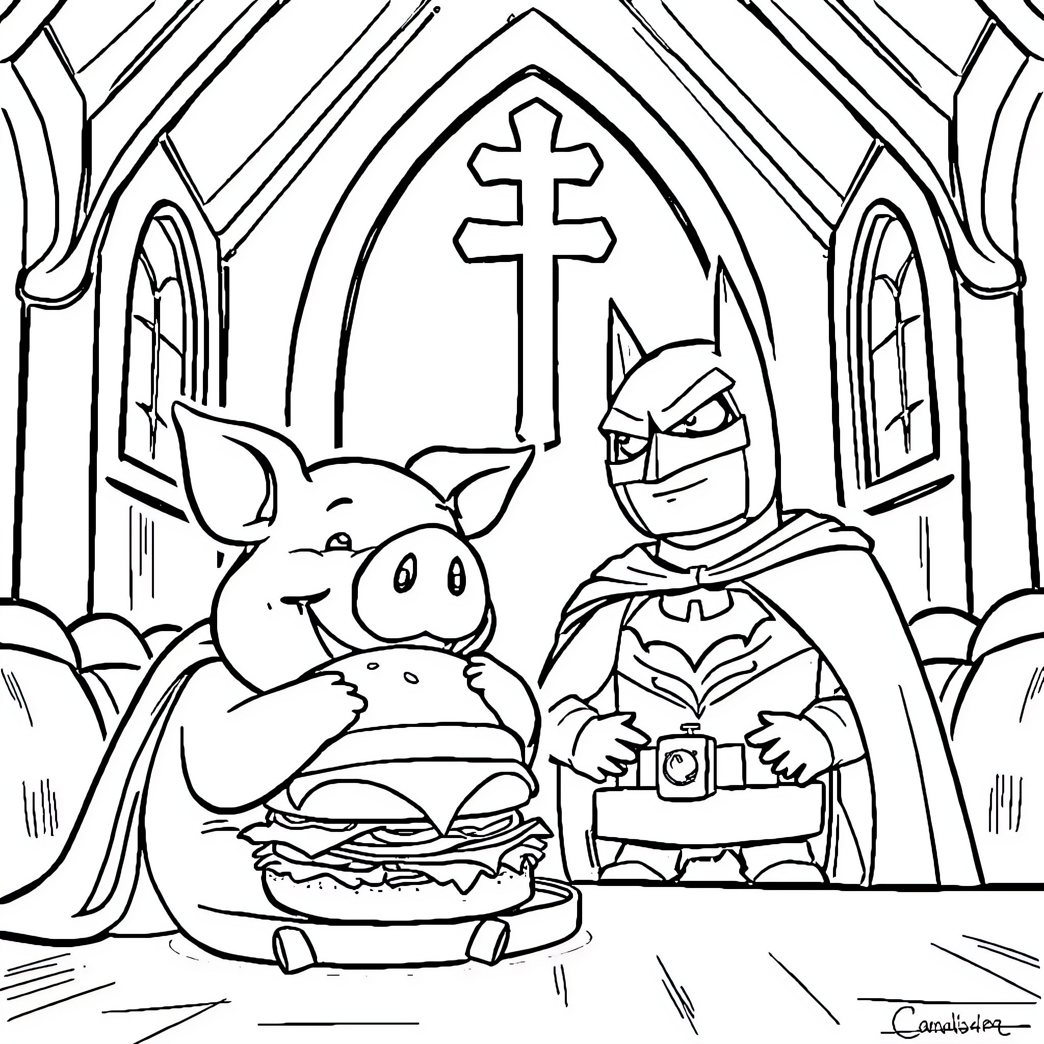Pig receives communion from Batman in church Coloring Page (free black-and-white line drawing printable PDF for all, from beginners to advanced learners, including children, teens, adults, and seniors)
