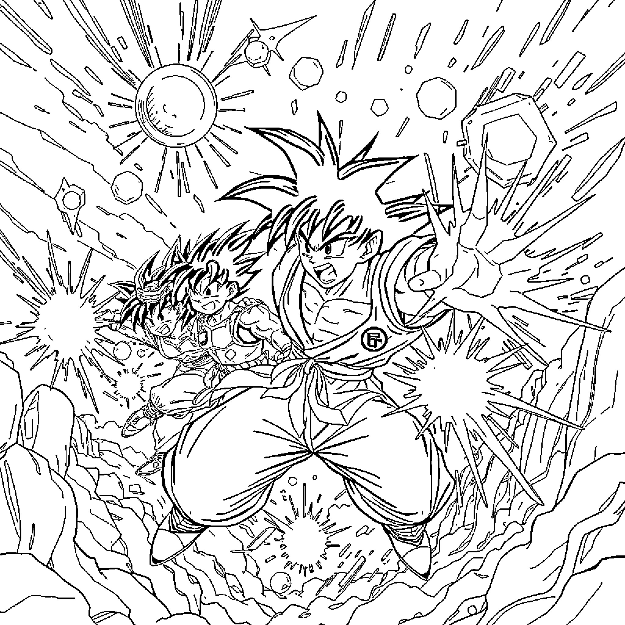 Dragon Ball Z: Intense Battle with Explosive Effects Coloring Page (free black-and-white line drawing printable PDF for all, from beginners to advanced learners, including children, teens, adults, and seniors)