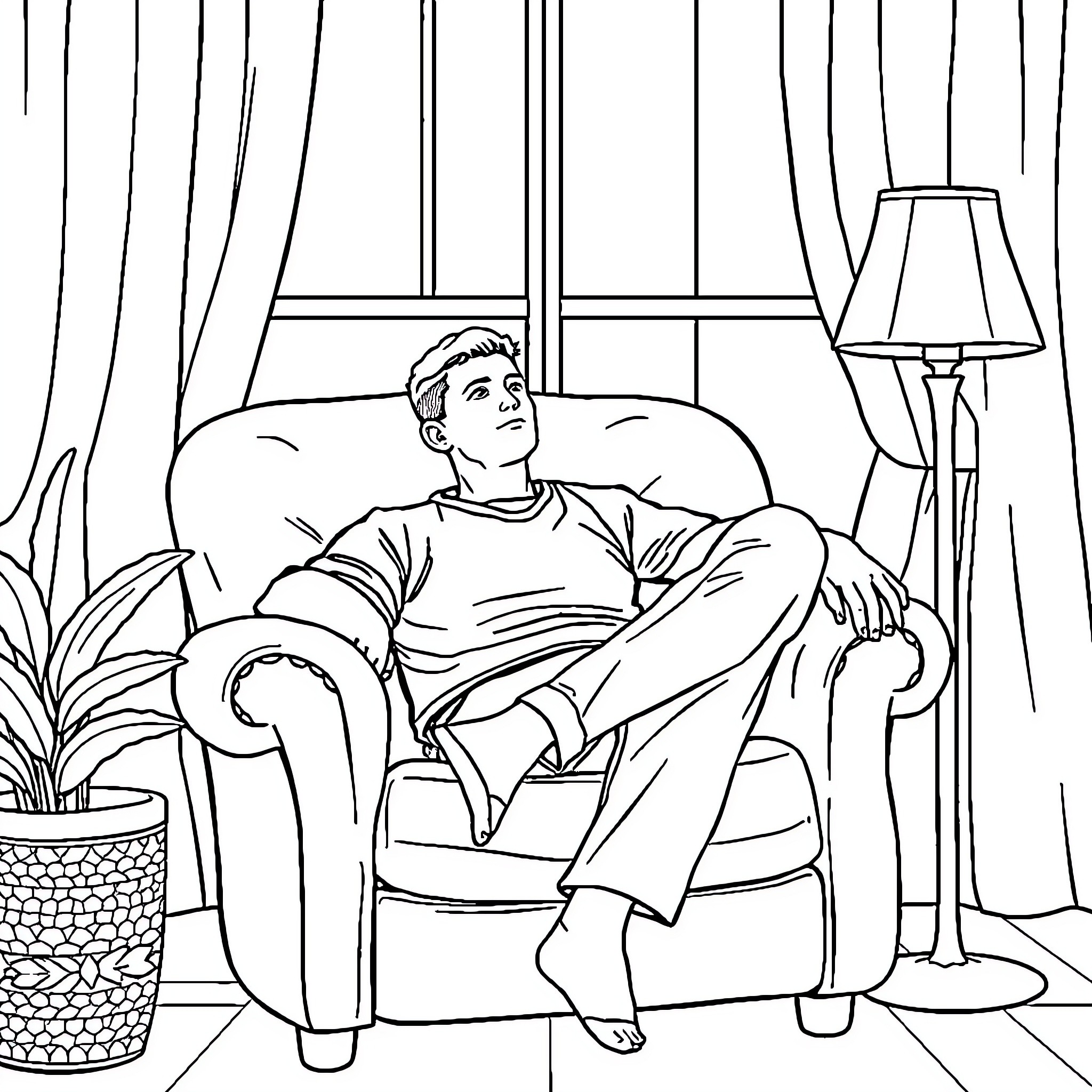 Adult relaxing comfortably in living room Coloring Page (free black-and-white line drawing printable PDF for all, from beginners to advanced learners, including children, teens, adults, and seniors)