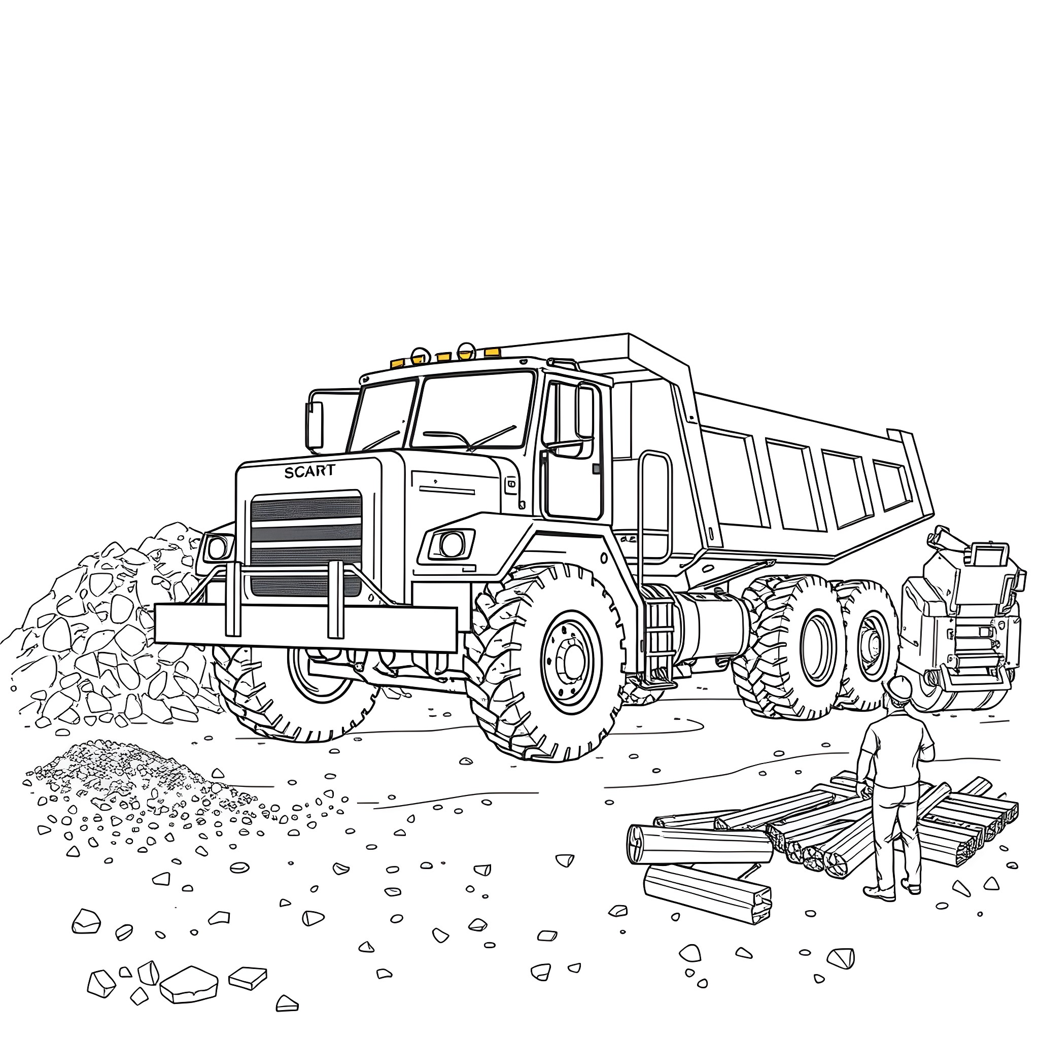 Dump Truck Transporting Gravel and Rocks on Site Coloring Page (free black-and-white line drawing printable PDF for all, from beginners to advanced learners, including children, teens, adults, and seniors)