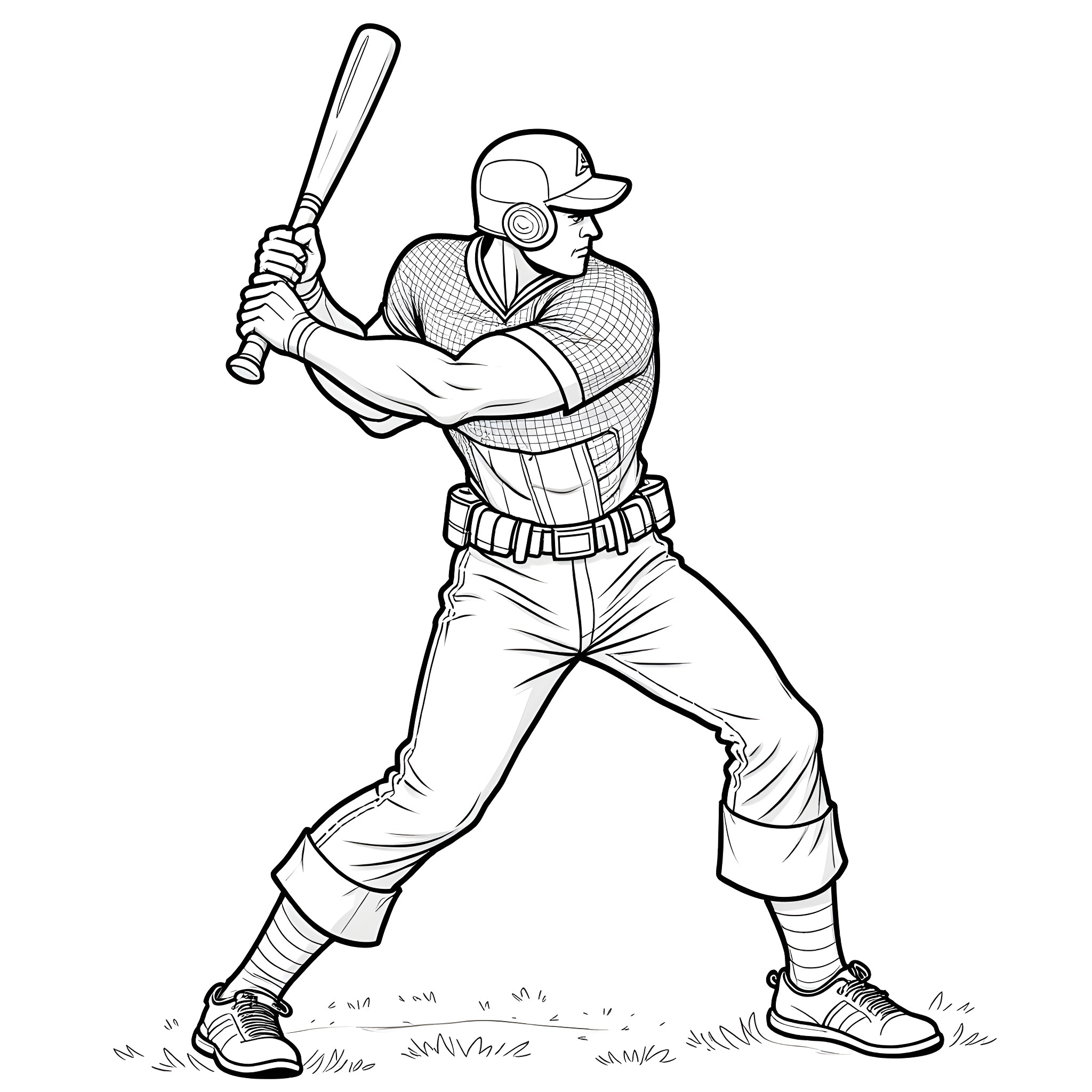 Captain America Baseball Player Batting Stance Coloring Page (free black-and-white line drawing printable PDF for all, from beginners to advanced learners, including children, teens, adults, and seniors)