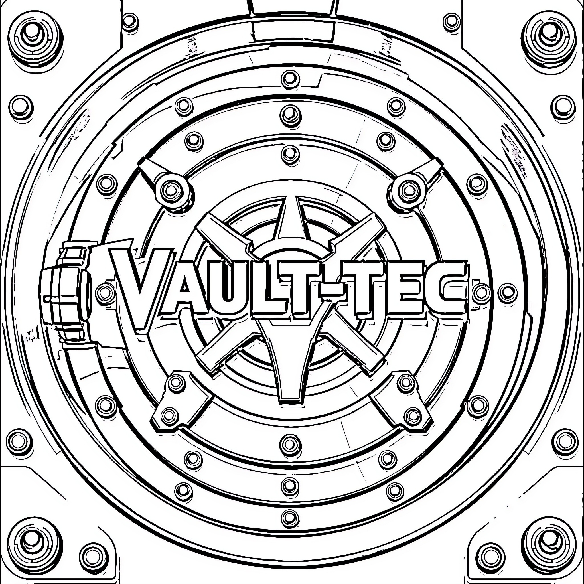 Vault Tech engineering schematics and designs Coloring Page (free black-and-white line drawing printable PDF for all, from beginners to advanced learners, including children, teens, adults, and seniors)