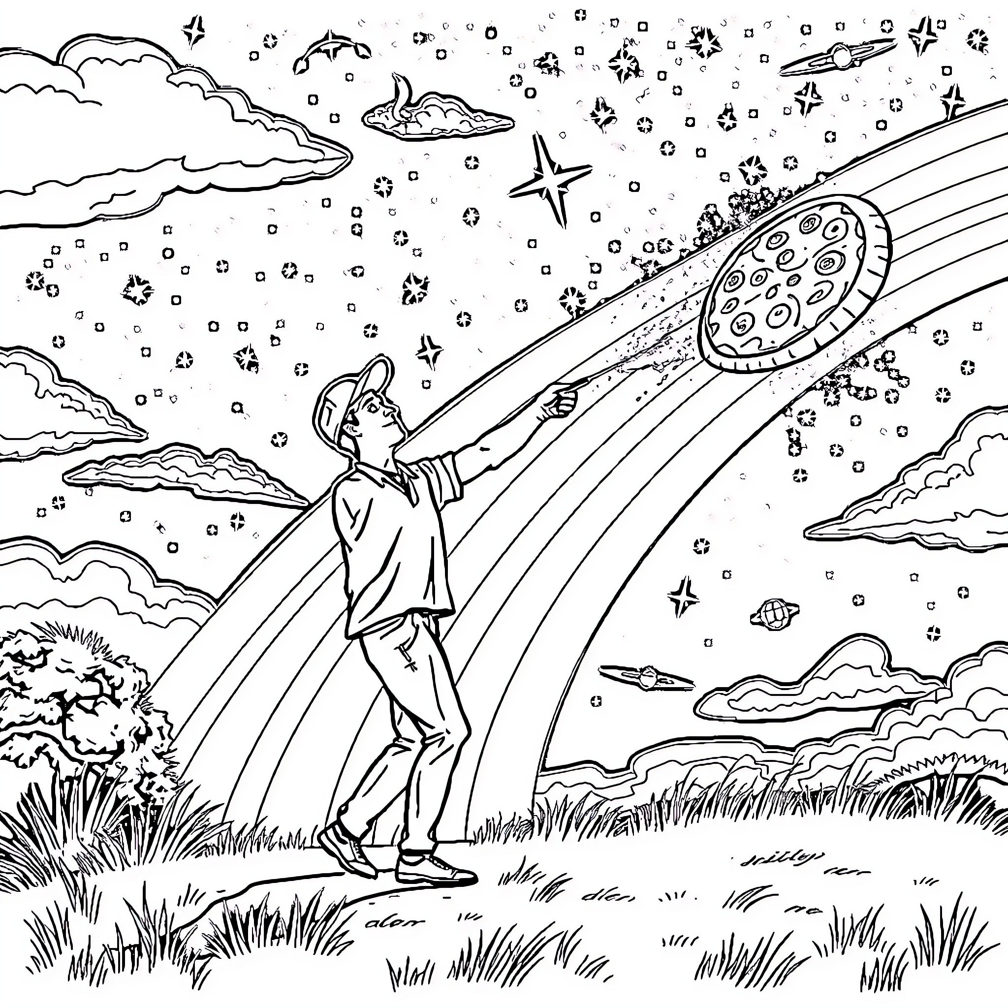 Disc Golf Player Throwing Disc in Space Landscape Coloring Page (free black-and-white line drawing printable PDF for all, from beginners to advanced learners, including children, teens, adults, and seniors)