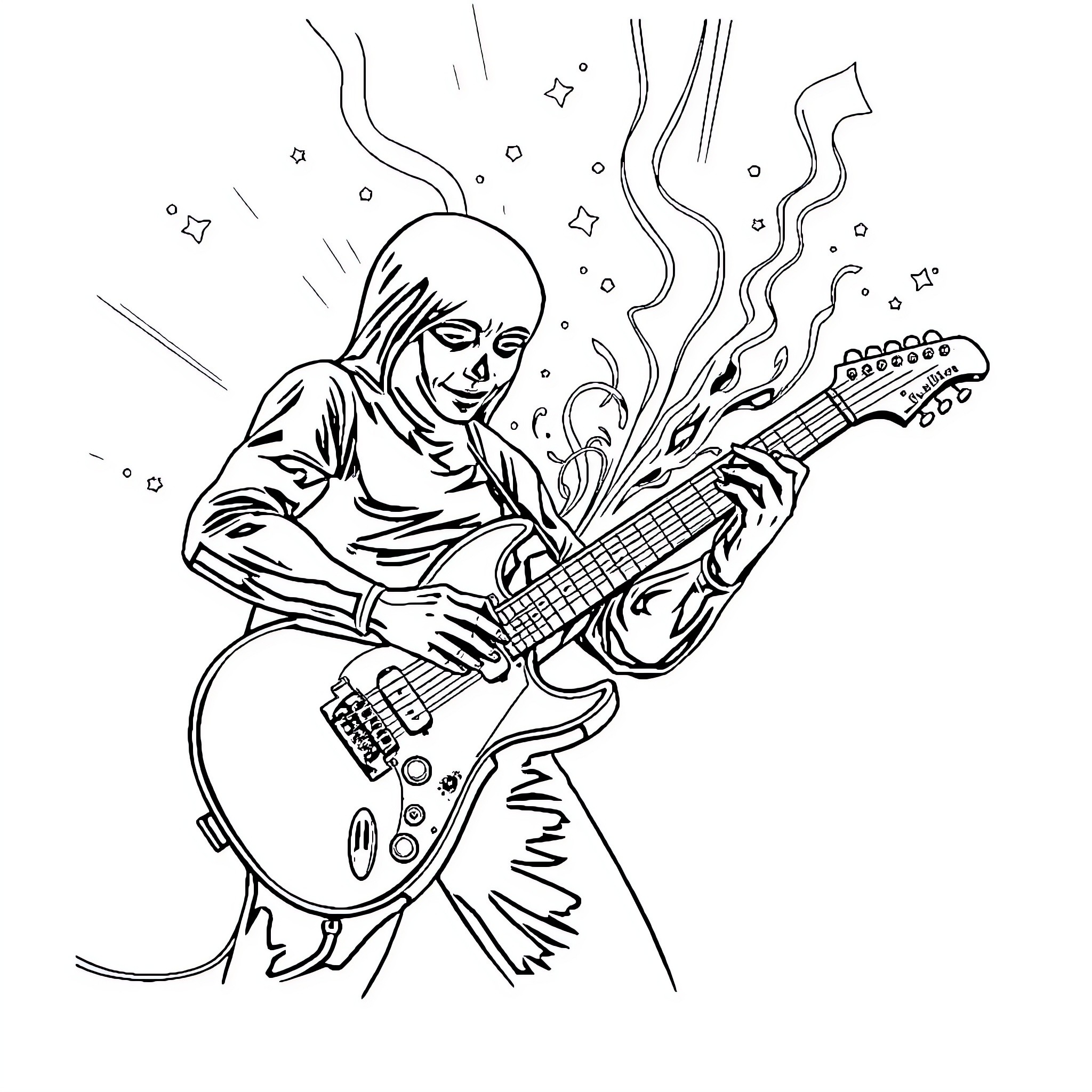 Electric Guitar Player Rocking Out With Passion Coloring Page (free black-and-white line drawing printable PDF for all, from beginners to advanced learners, including children, teens, adults, and seniors)