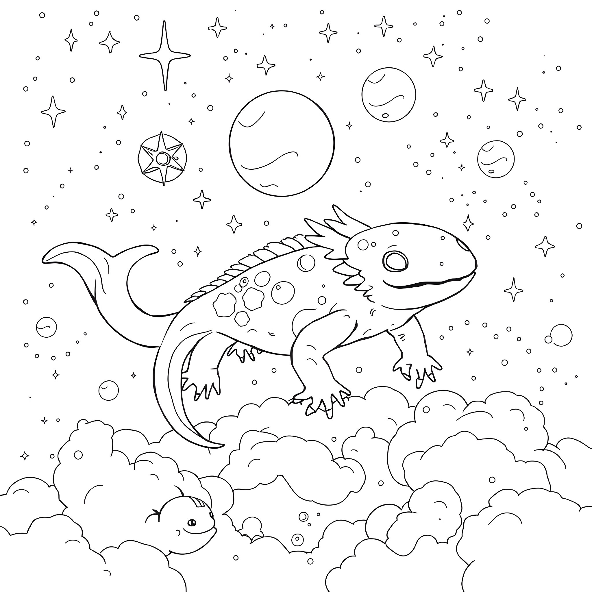 Axolotl swimming in the cosmic space Coloring Page (free black-and-white line drawing printable PDF for all, from beginners to advanced learners, including children, teens, adults, and seniors)
