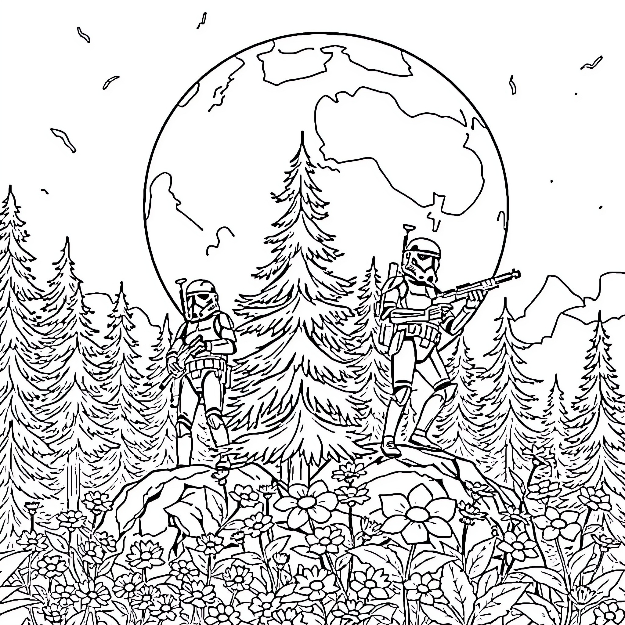 Clone Troopers on Alien Planet Mission Coloring Page (free black-and-white line drawing printable PDF for all, from beginners to advanced learners, including children, teens, adults, and seniors)