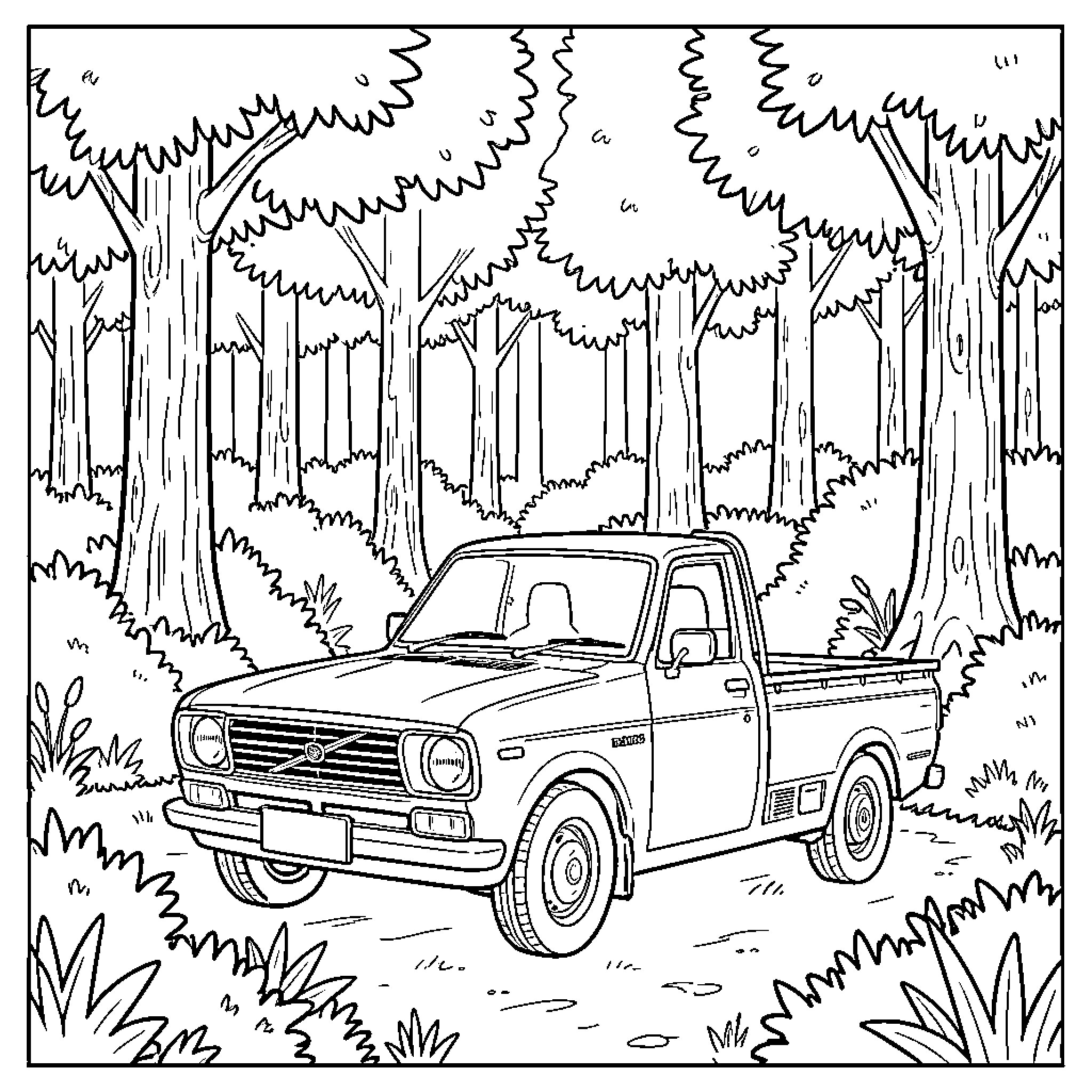 Datsun 1200 pickup truck in forested landscape Coloring Page (free black-and-white line drawing printable PDF for all, from beginners to advanced learners, including children, teens, adults, and seniors)