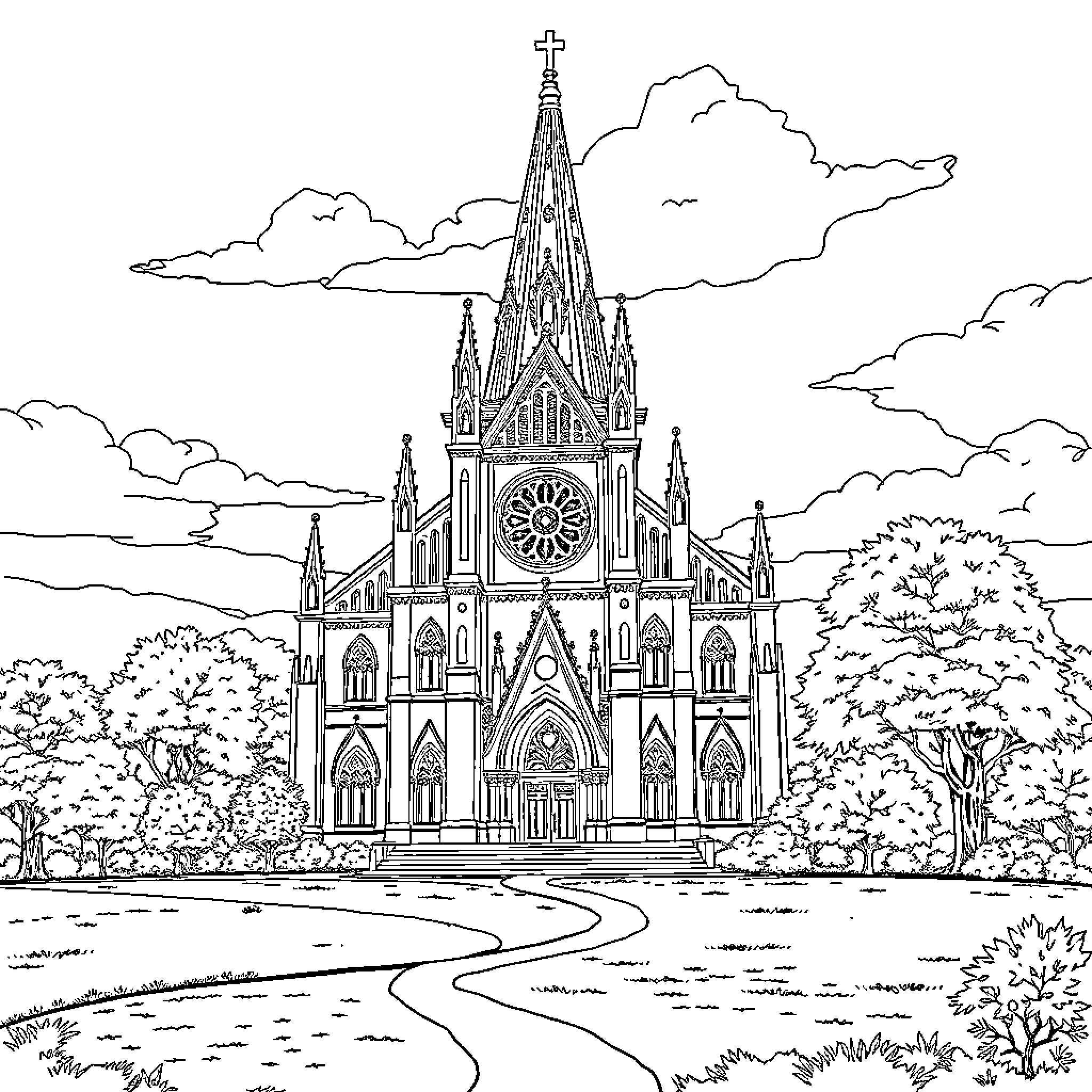 Church with Gothic architecture in a scenic landscape Coloring Page (free black-and-white line drawing printable PDF for all, from beginners to advanced learners, including children, teens, adults, and seniors)