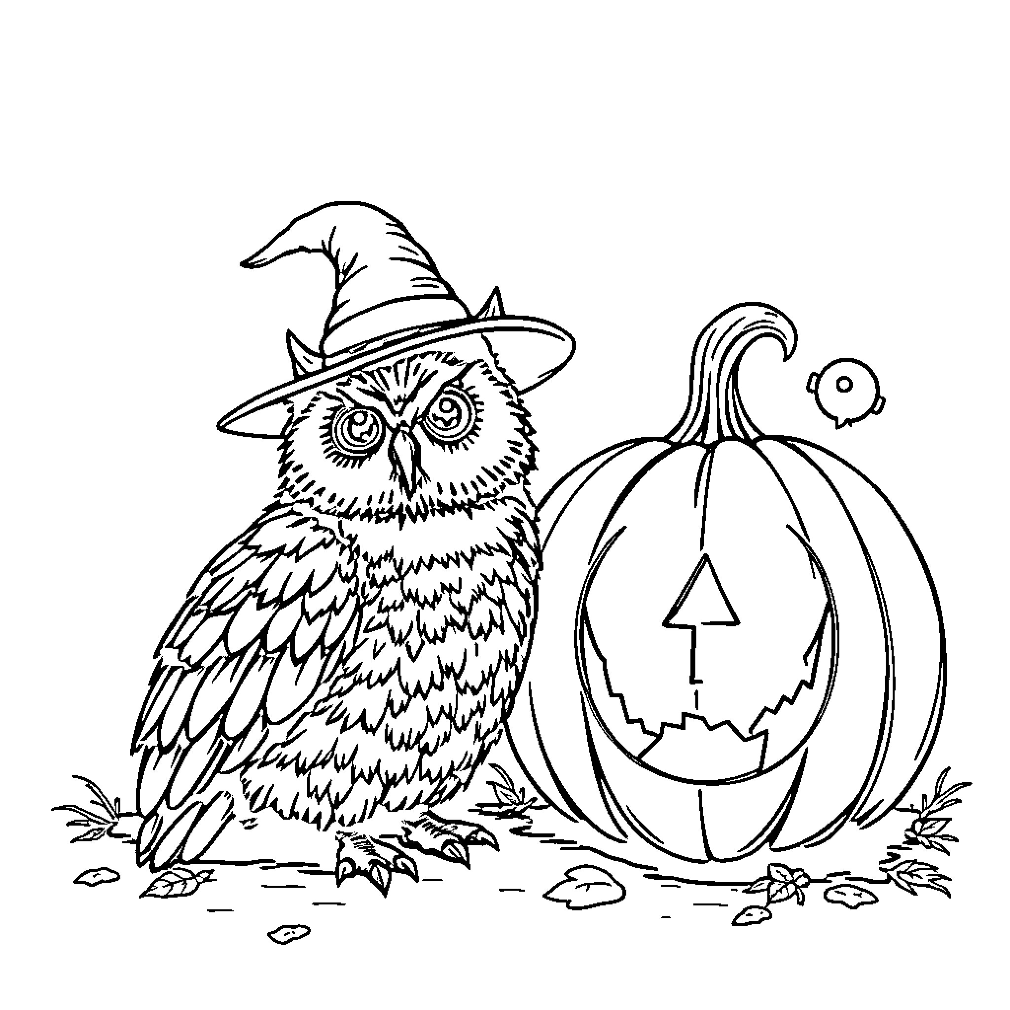 Owl wearing a witch hat and sitting next to a pumpkin Coloring Page (free black-and-white line drawing printable PDF for all, from beginners to advanced learners, including children, teens, adults, and seniors)