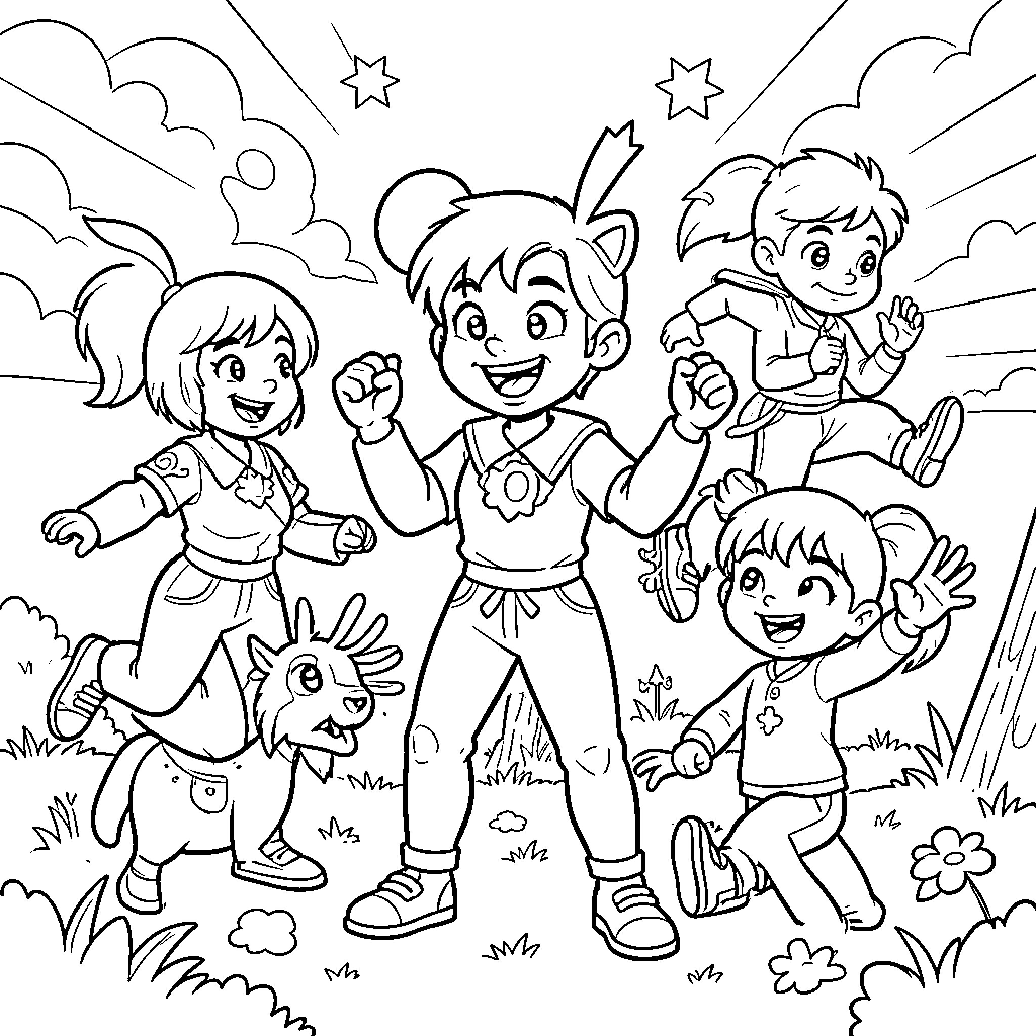 Anime children dancing joyfully under a starry sky Coloring Page (free black-and-white line drawing printable PDF for all, from beginners to advanced learners, including children, teens, adults, and seniors)