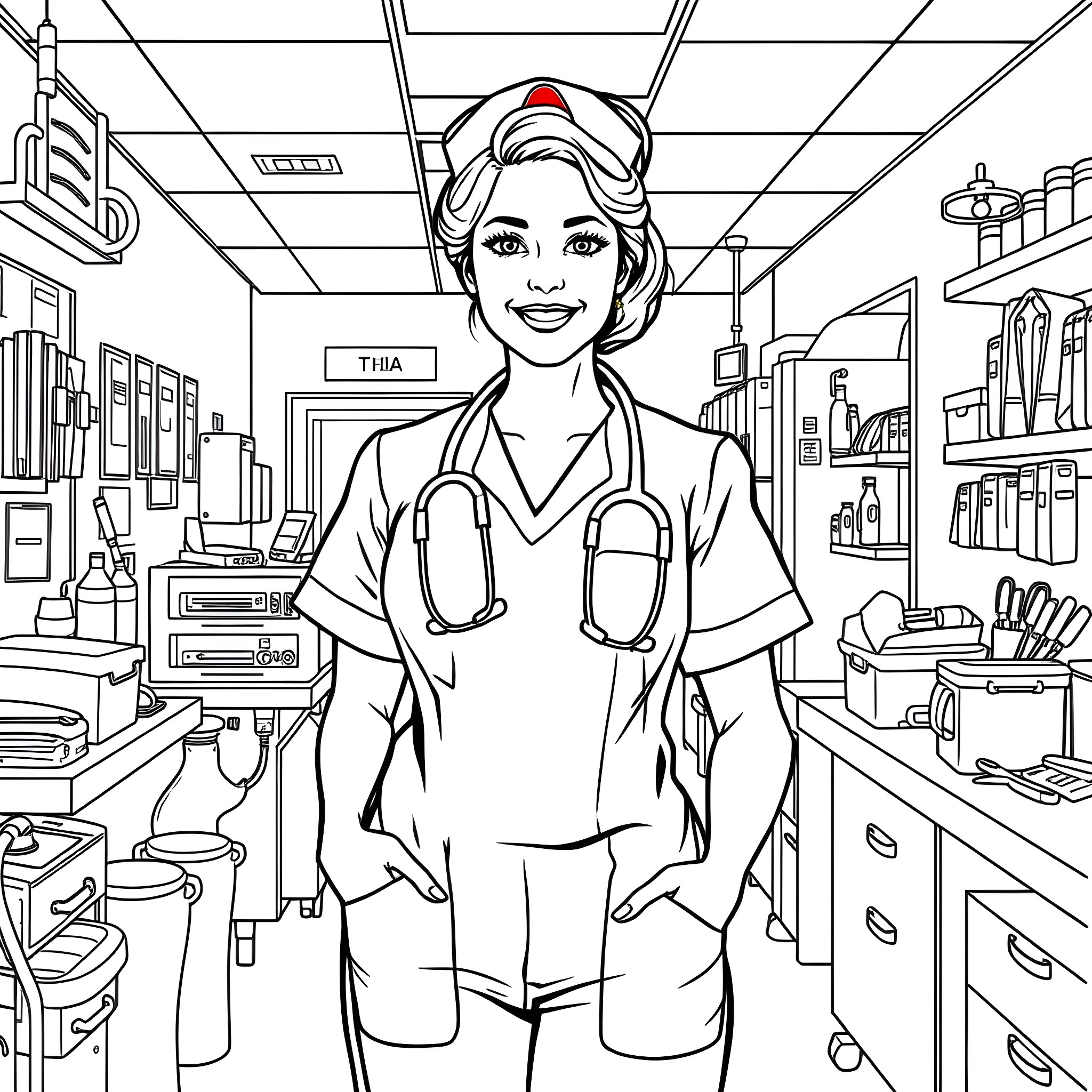 Nurse standing confidently in medical office Coloring Page (free black-and-white line drawing printable PDF for all, from beginners to advanced learners, including children, teens, adults, and seniors)