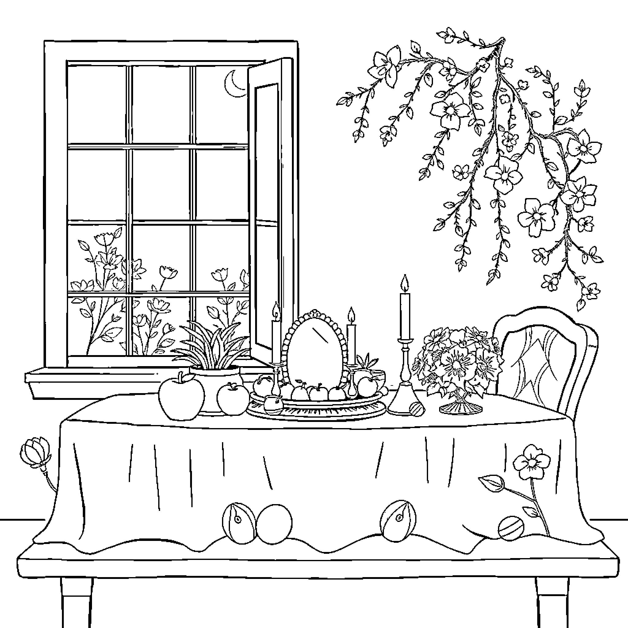 Book with a cozy dining scene featuring flowers and home decor Coloring Page (free black-and-white line drawing printable PDF for all, from beginners to advanced learners, including children, teens, adults, and seniors)