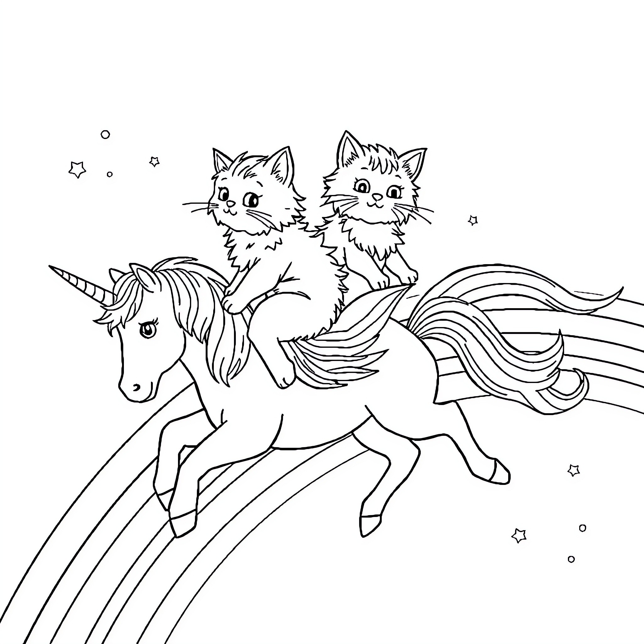 Cats riding on a magical unicorn Coloring Page (free black-and-white line drawing printable PDF for all, from beginners to advanced learners, including children, teens, adults, and seniors)