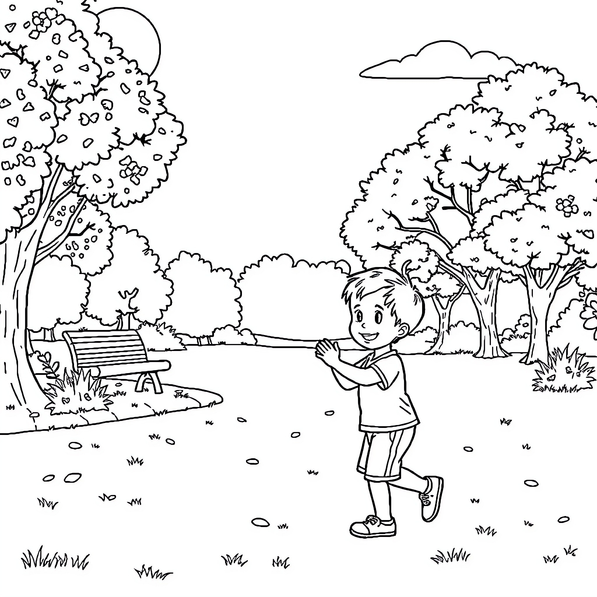 Boy exploring nature in the park Coloring Page (free black-and-white line drawing printable PDF for all, from beginners to advanced learners, including children, teens, adults, and seniors)