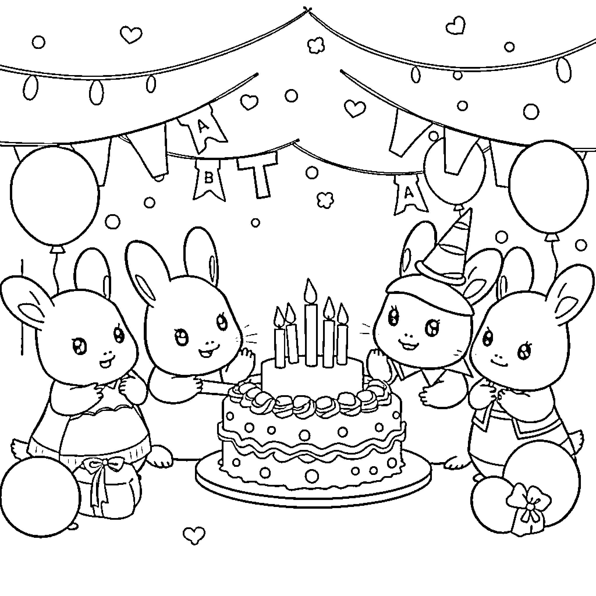 Sylvanian Families' Celebration with Cake and Decorations Coloring Page (free black-and-white line drawing printable PDF for all, from beginners to advanced learners, including children, teens, adults, and seniors)
