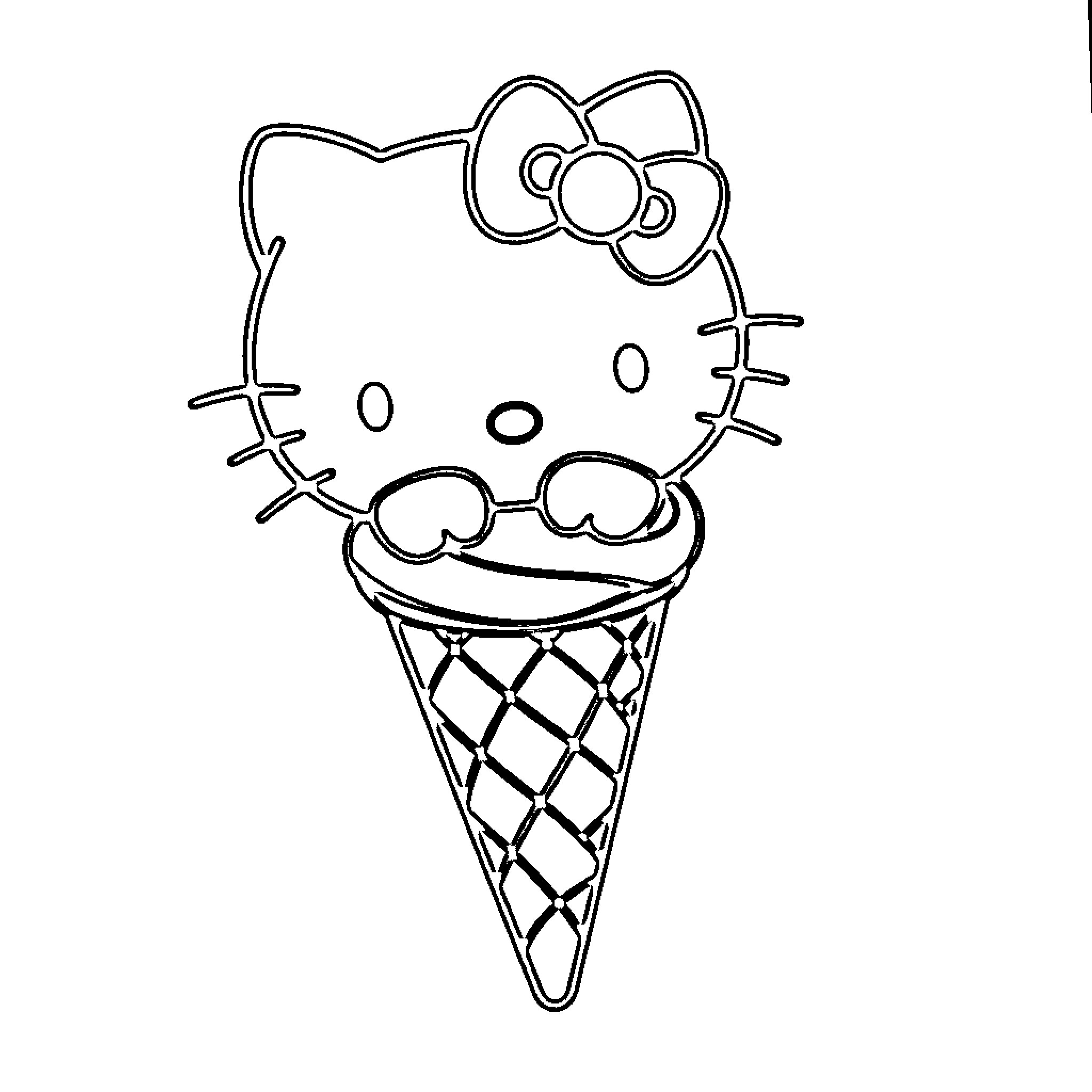 Hello Kitty enjoying an ice cream cone Coloring Page (free black-and-white line drawing printable PDF for all, from beginners to advanced learners, including children, teens, adults, and seniors)