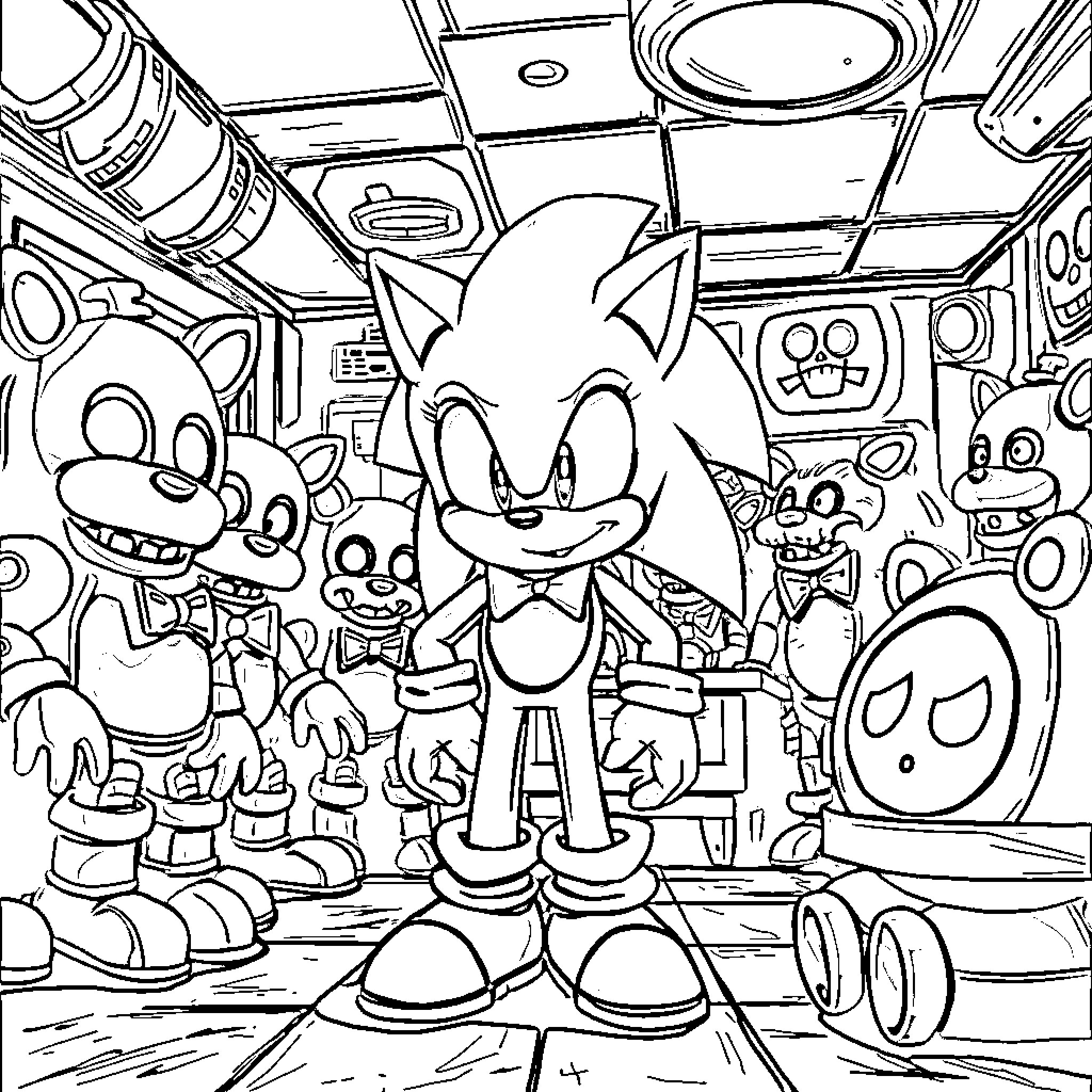 Sonic's Chaotic Cyberpunk Adventure Coloring Page (free black-and-white line drawing printable PDF for all, from beginners to advanced learners, including children, teens, adults, and seniors)