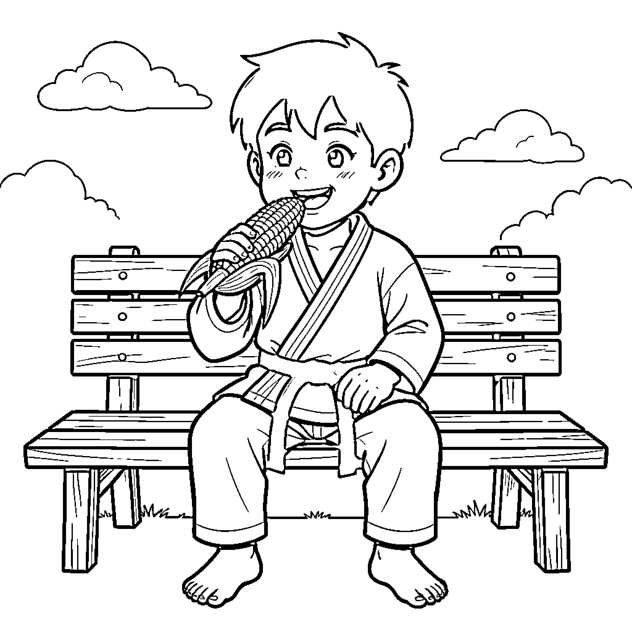 Karate Kid eating corn while sitting on a bench Coloring Page (free black-and-white line drawing printable PDF for all, from beginners to advanced learners, including children, teens, adults, and seniors)