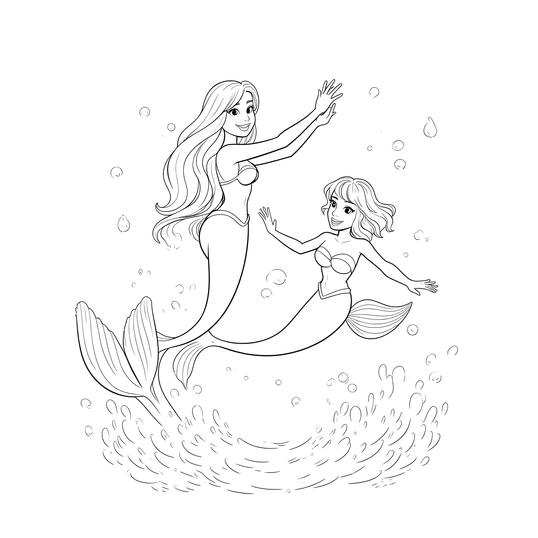 Mermaid sisters swimming in the sea Coloring Page (free black-and-white line drawing printable PDF for all, from beginners to advanced learners, including children, teens, adults, and seniors)